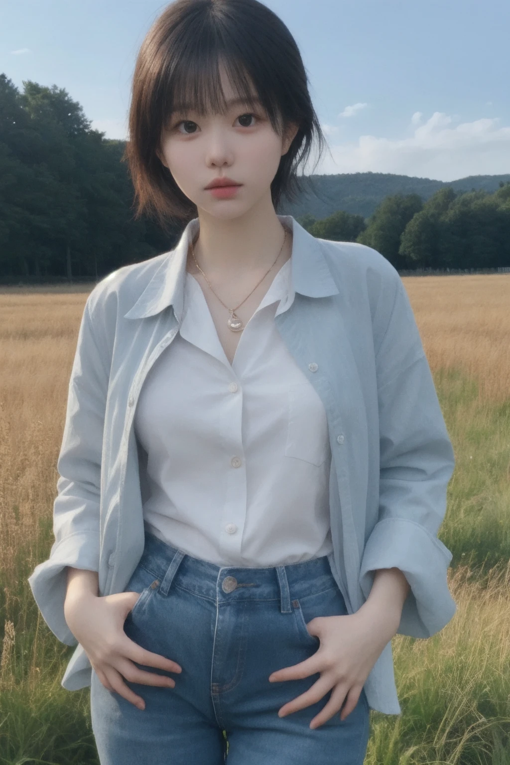 masterpiece, high quality,1girl, standing, upper body, collared shirt, center opening, necklace, jeans, skin tight, thigh gap, field, shiny skin,  hands in pockets, outdoors, 
<lora:ip-adapter-faceid-plusv2_sd15_lora:0.63>     <lora:shmy_v7:0.5>