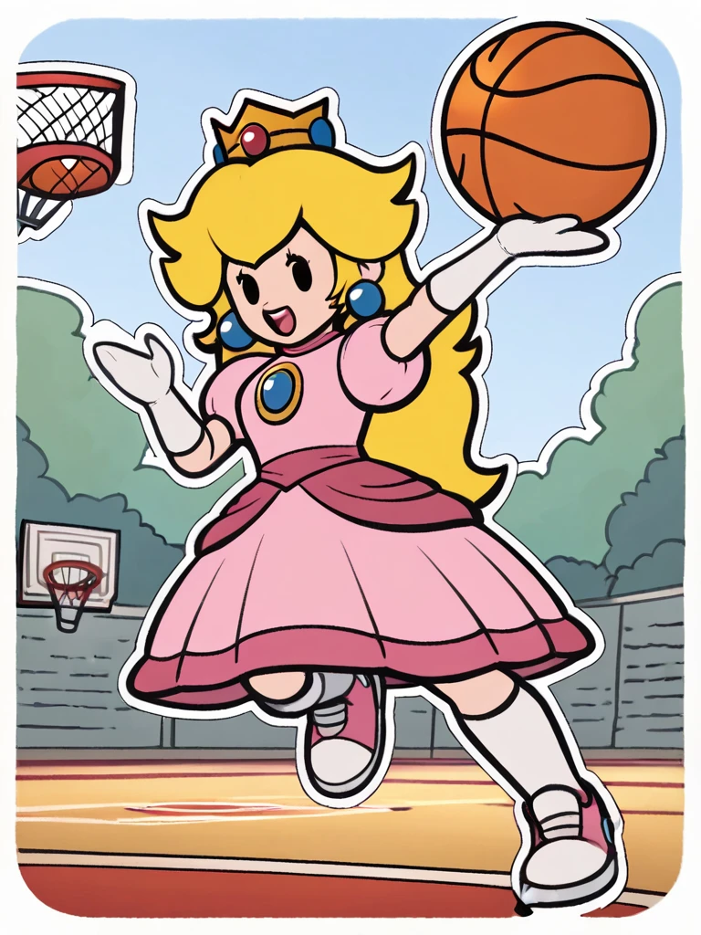 paperpeach, 1girl, blonde hair, dress, solo, crown, long hair, pink dress, jewelry, earrings,open mouth,jumping, jordans, white gloves, full body, solid oval eyes,open mouth ,holding, midair, outdoors, basketball \(object\),basketball hoop,slam dunk \(basketball\), basketball court, looking at viewer,white outline, score_9, score_8_up, score_7_up, score_6_up, score_5_up, score_4_up <lora:PaperPeachPony1.0:1>