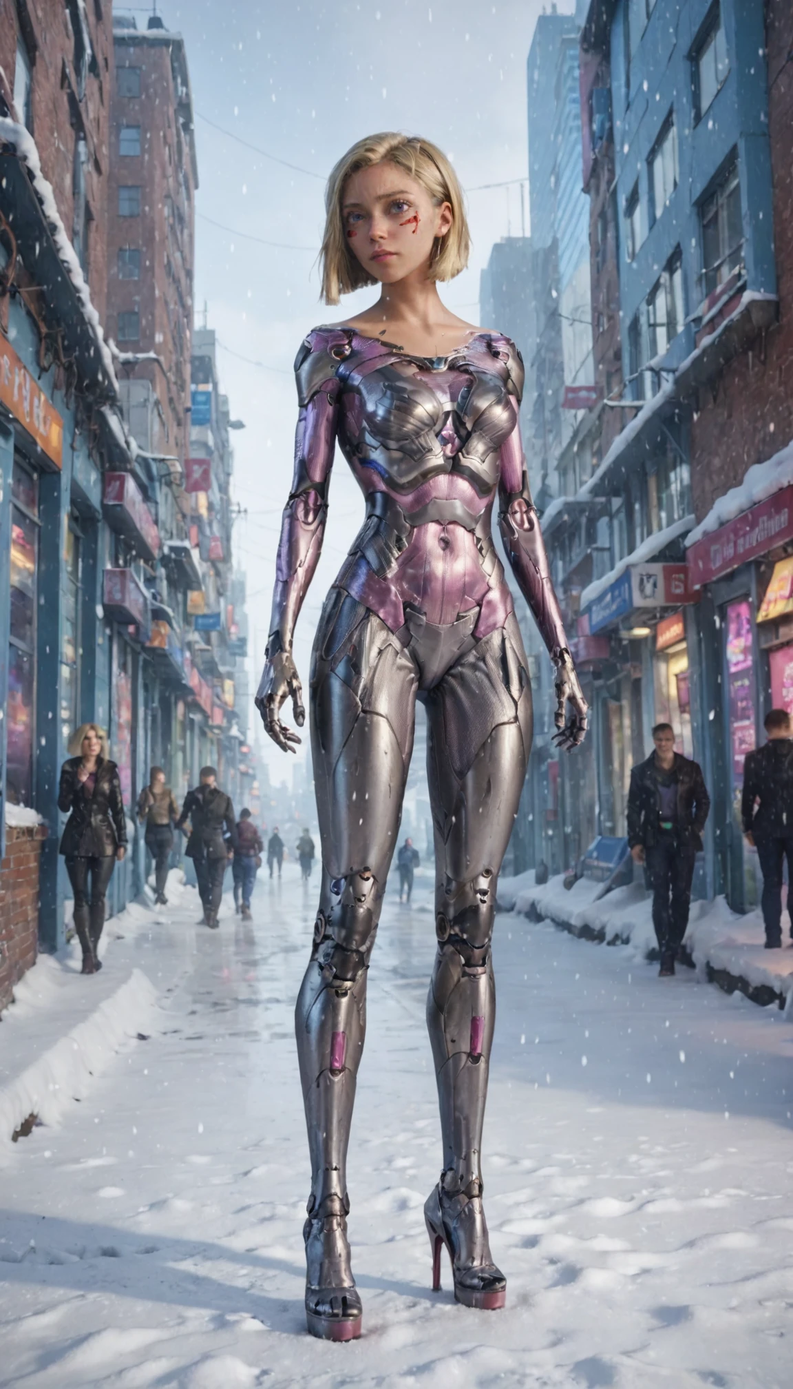 1girl,  (cyborg), high heels, stand, full body, cyberpunk, future city, Bob cut, blonde hair, snowing, snow,  masterpiece, best quality, 8k, score_9, score_8_up, score_7_up, Amidst beautiful mountains