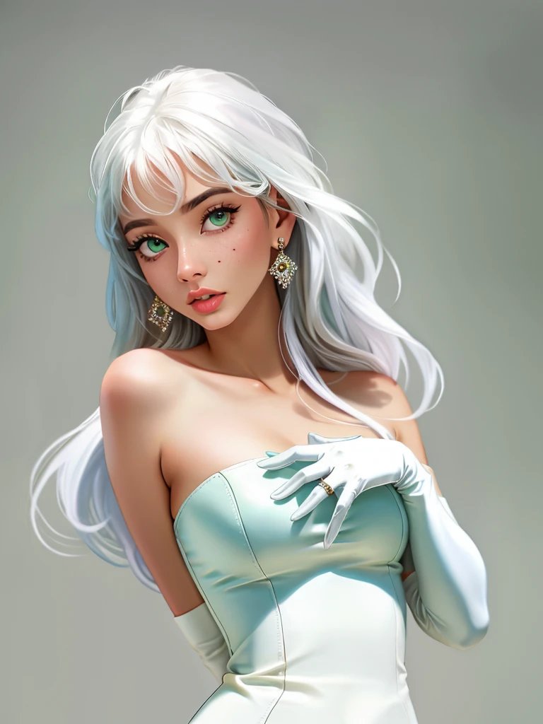 Realistic photo of a beautiful 3k4t3r1n4s woman,1girl, solo, long hair, looking at viewer, white hair, gloves, jewelry, green eyes, elbow gloves, white gloves, armpits, mole, lips, ring, realistic, professional Photography, Photorealistic, detailed, RAW, analog, sharp focus, high quality, film grain,<lora:3k4t3r1n4s:1.0>