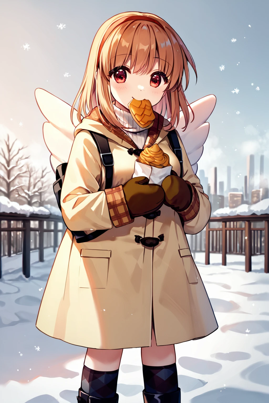 score_9, score_8_up, score_7_up, score_6_up, rating_safe, source_anime, best quality, masterpiece, detailed background, detailed eyes, cowboy shot, city, snow, eating taiyaki, taiyaki, <lora:tsukimiya-ayu-xl-04:1>, tsukimiya ayu, medium breasts, red eyes, tan winter coat with white turtleneck, brown mittens, backpack with wings on it, black socks, black boots,