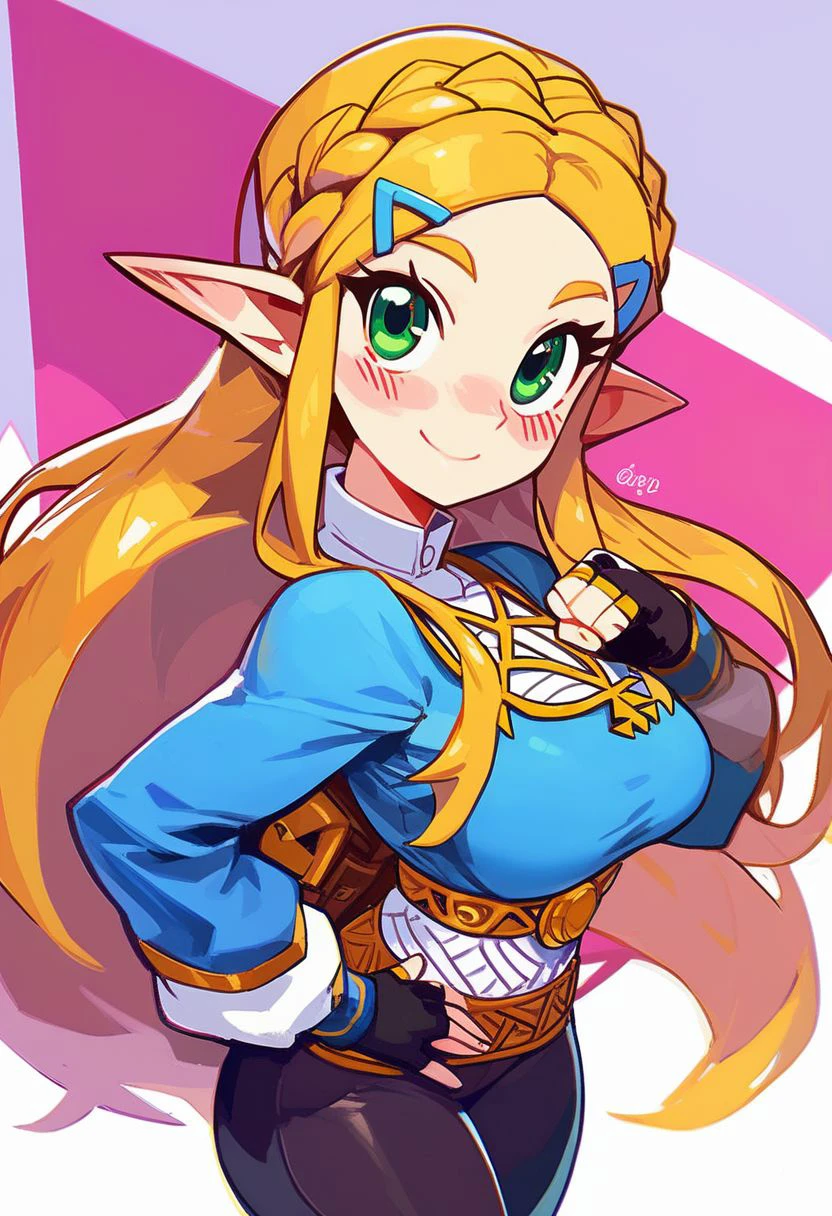 score_9, score_8_up, score_8, medium breasts, (curvy), cute, eyelashes,       princess zelda, long hair, crown braid, hairclip, pointy ears, blue shirt, long sleeves, fingerless gloves, black gloves, black pants, tight pants, green eyes, solo, looking at viewer, smile, blush,   <lora:Vivid:0.8>, embedding:zPDXL,