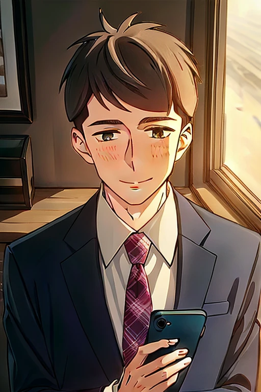 (((best quality,masterpiece,Ultra Details))),refined rendering,Anime style,1boy,male focus,solo,shirt,kentaro,necktie,suit jacket,formal,short hair,portrait,upper body,black eyes,long face,blush,smile,holding a smartphone,portrait,upper body,indoors,in the office,<lora:Kentaro V3-000011:0.7>,<lora:add_detail:0.75>,((Looking At Phone,overhead shot,bird view,Ambient lighting)),