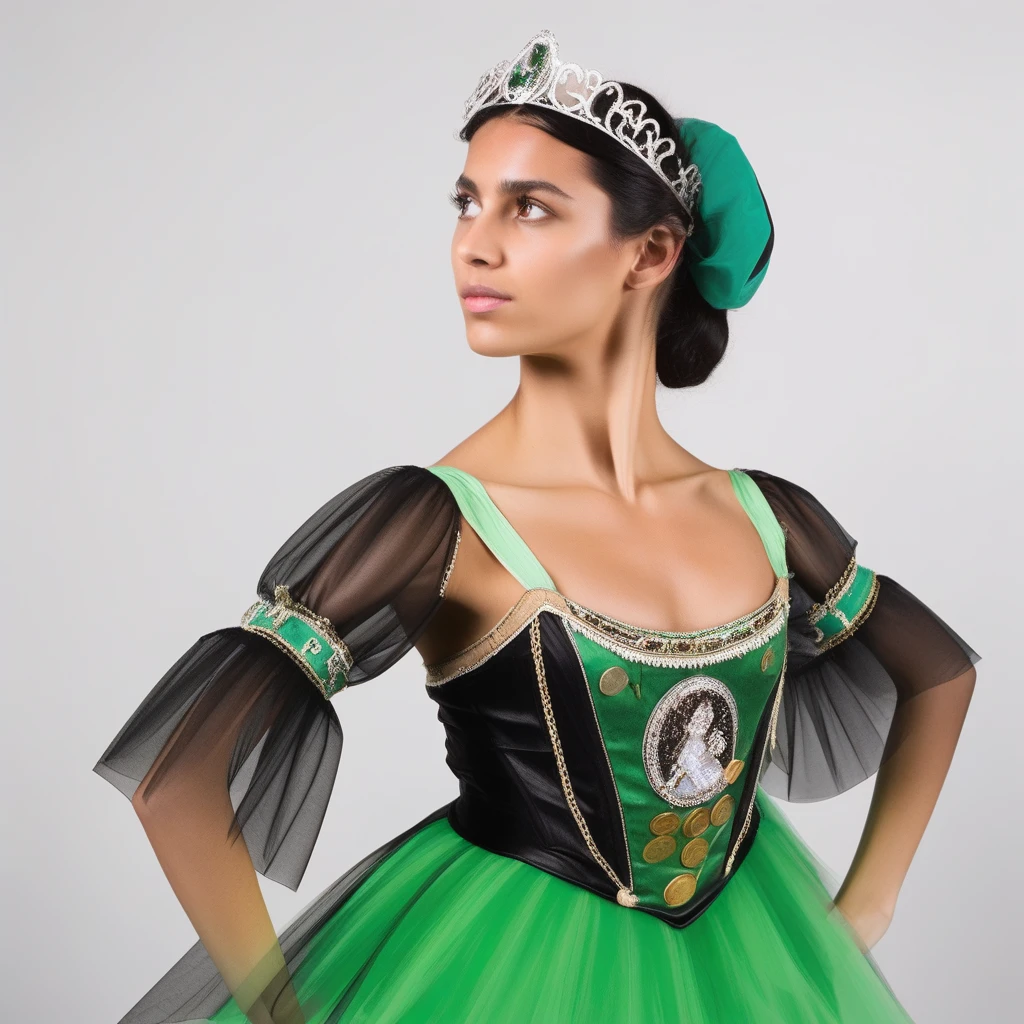 Medium Close-up of Dancer wearing Bal_co, romantic tutu, studio setting, second position, Black hair, green and black bodice, puff sleeves, gypsy, Esmeralda, coin embellishments, forehead tiara, side view