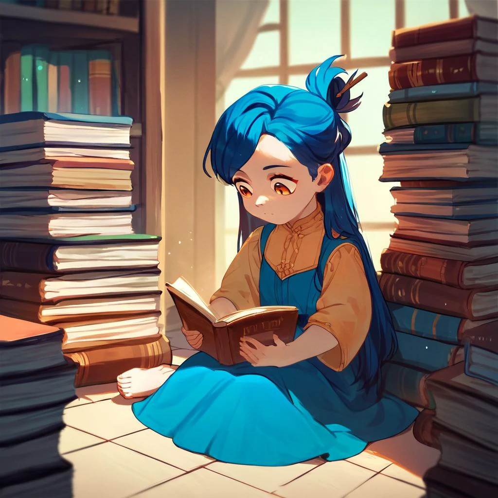 score_9, score_8_up, score_7_up, score_6_up, score_5_up, score_4_up, rating_safe, myne, blue hair, sitting on the floor, dress, barefoot, reading a book, surrounded by books, hair stick