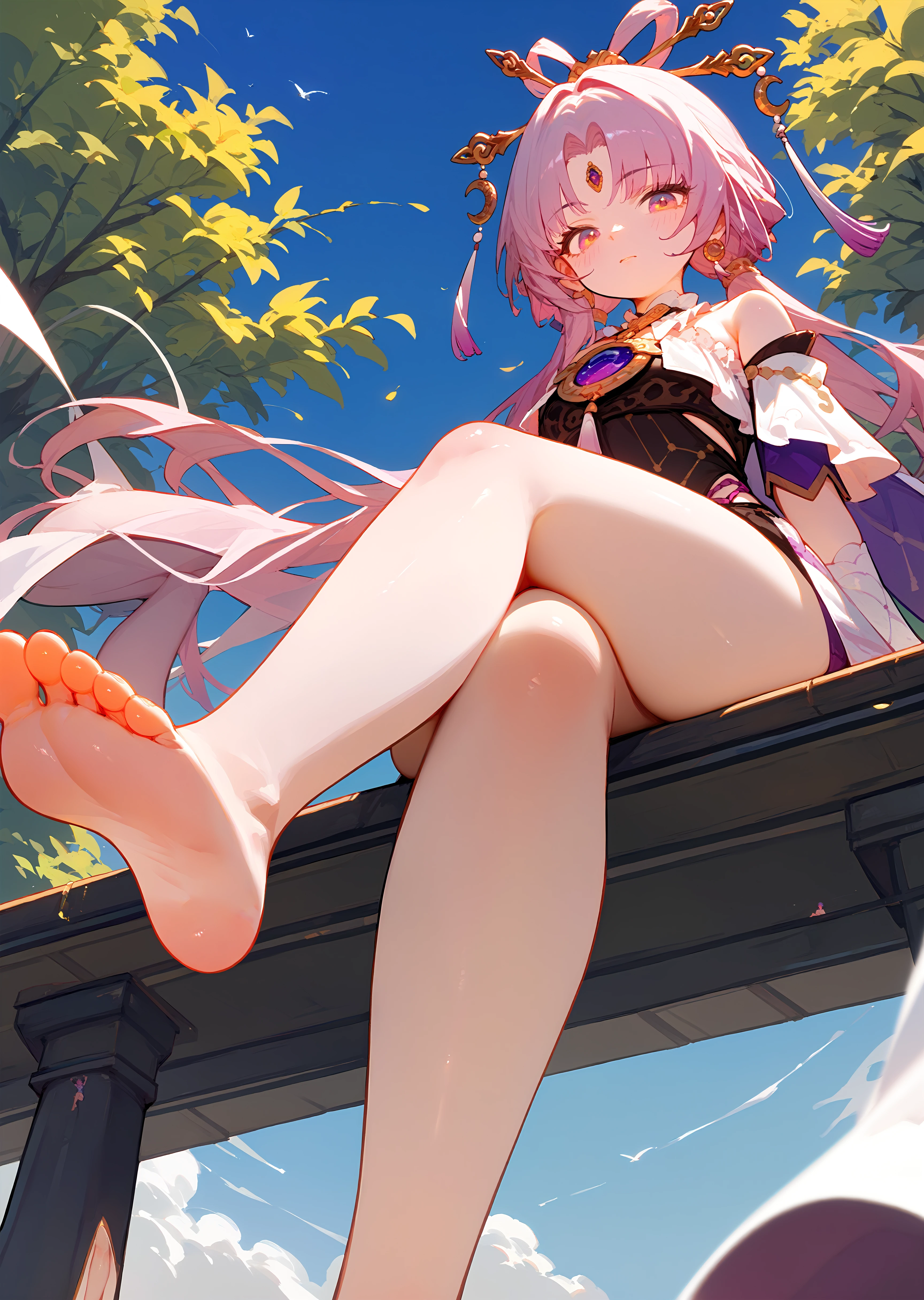 Anime girl sitting on bench,legs crossed, Guviz, anime moe art style, Guweiz in Pixiv ArtStation, Guweiz on ArtStation Pixiv, with index finger, Guviz-style artwork, afternoon hangout, Kushatt Krenz Key Art Women, the anime girl is crouching, Ayaka Genshin Impact pink hair short skirt red feet