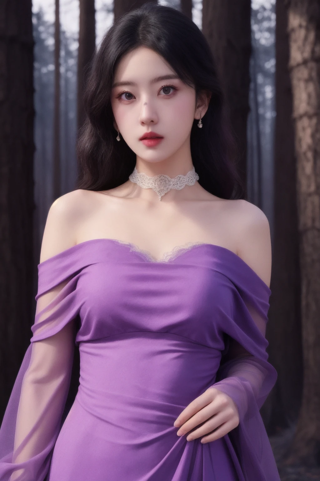 1girl, high quality, looking at viewer, grey background,,purple dress,see-through, , dress_hold,lace trim, center opening, choker, upper body, mole_on_nose, mole,thigh strap, off shoulder,
in forest, bonfire, night,
<lora:ip-adapter-faceid-plusv2_sd15_lora:0.63> <lora:yE_v1:0.5>