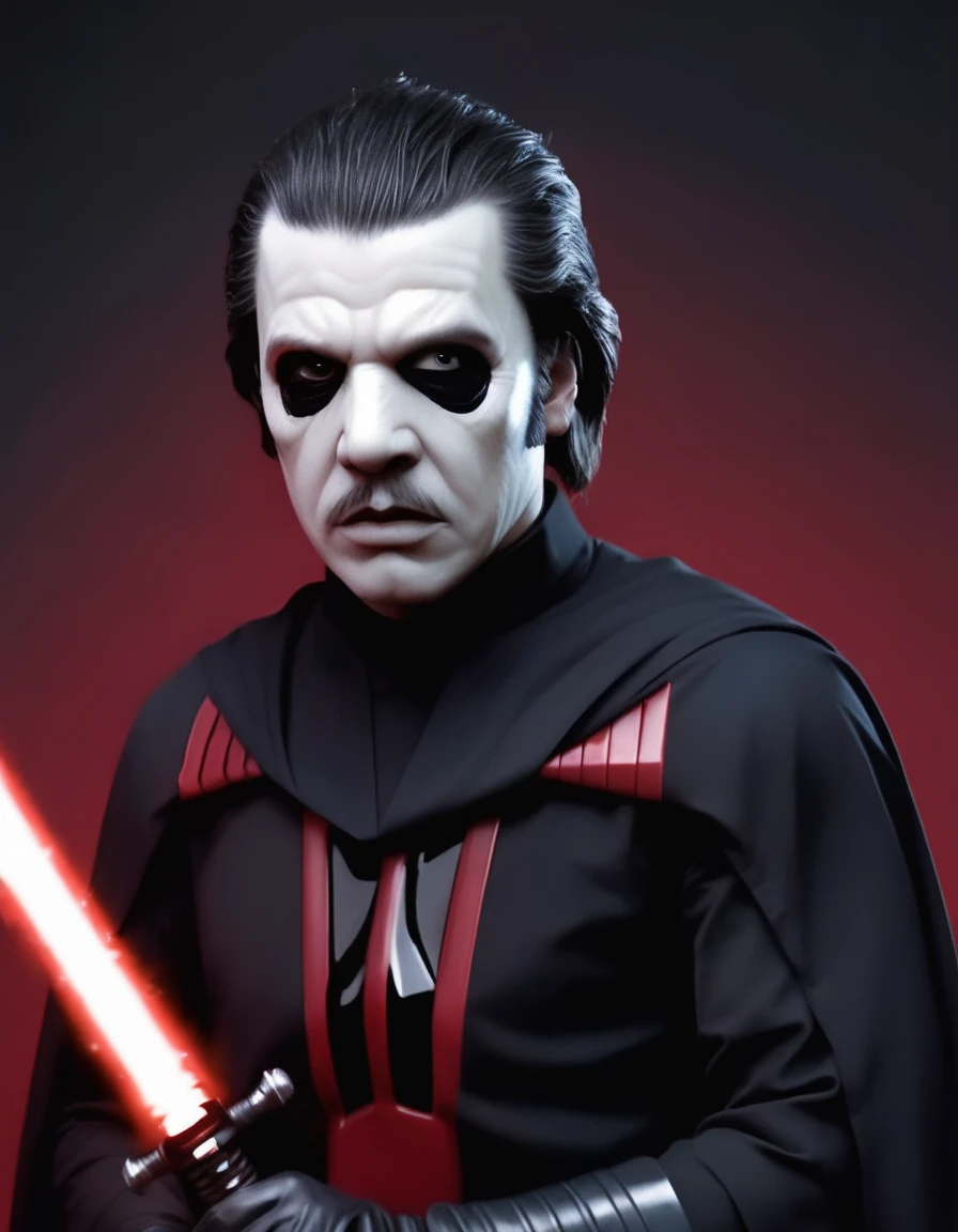 CardinalC, black hair, male focus, facepaint, mustache, white sclera, sith lord, sith clothes, star wars, dark planet backgorund, lightsword