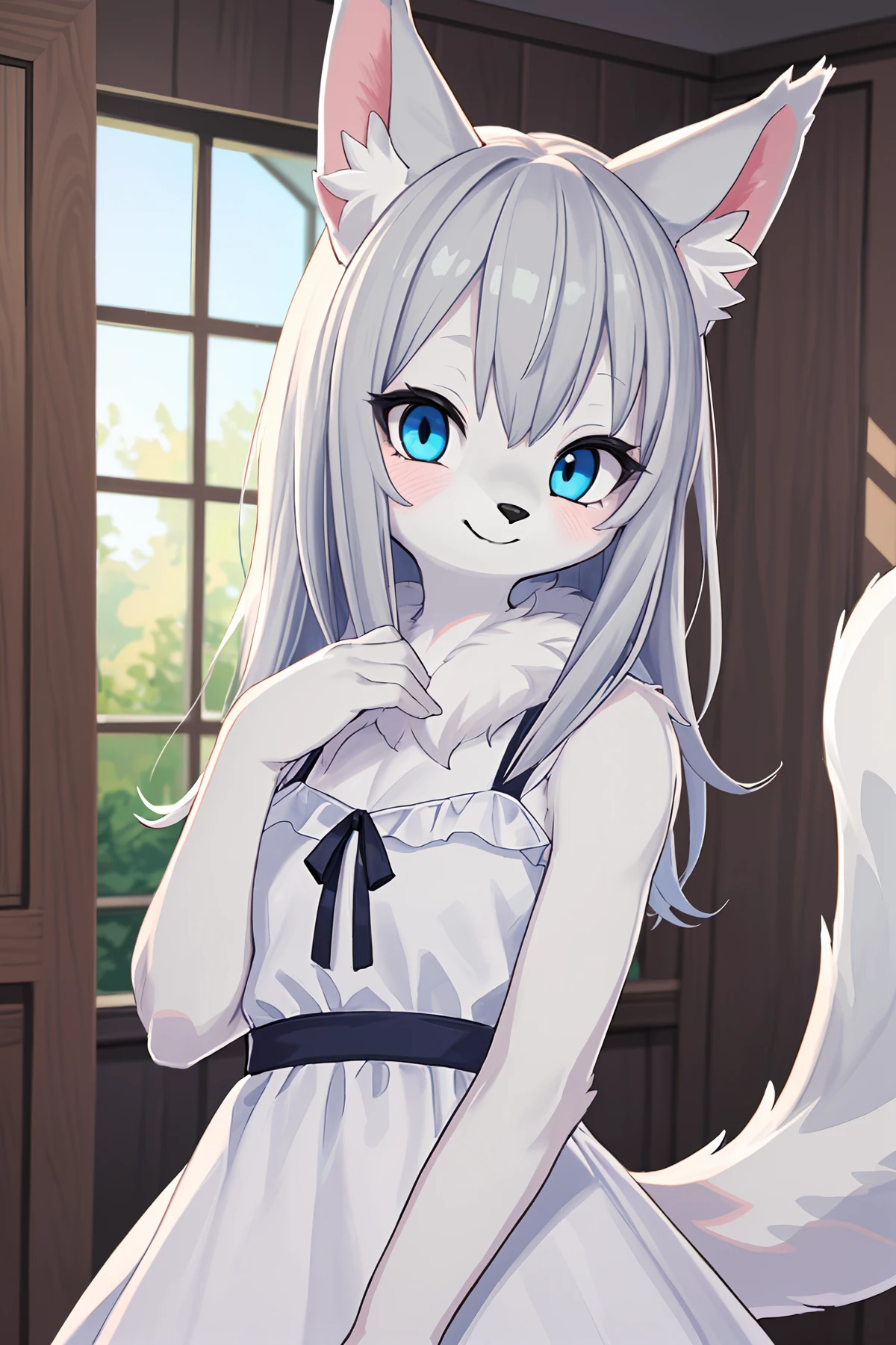 (hi res), ((masterpiece, best quality:1.0)), illustration, furry girl, animal ears, white body fur, tail, 1girl, solo, upper body, long grey hair, blue eye, white dress, looking at viewer, facing viewer, smile, blurry wood room background