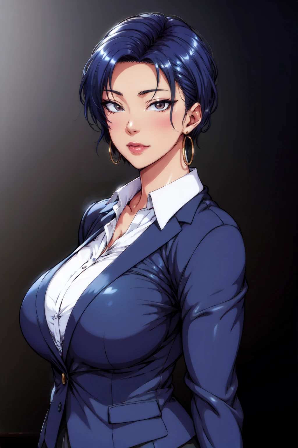 <lora:Tsuma_no_Haha__Motomiya_Kinu:0.8> motomiya kinu,(curvy,plump,blue hair,brown eyes,mole under mouth:0.55,makeup,lipstick,large breasts,short hair,mature female),(hoop earrings,bracelet,business suit,suit,blue blazer,white shirt),(looking at viewer,tsurime), <lora:SaiminSeishidou-10:0.6> saiminseishidou