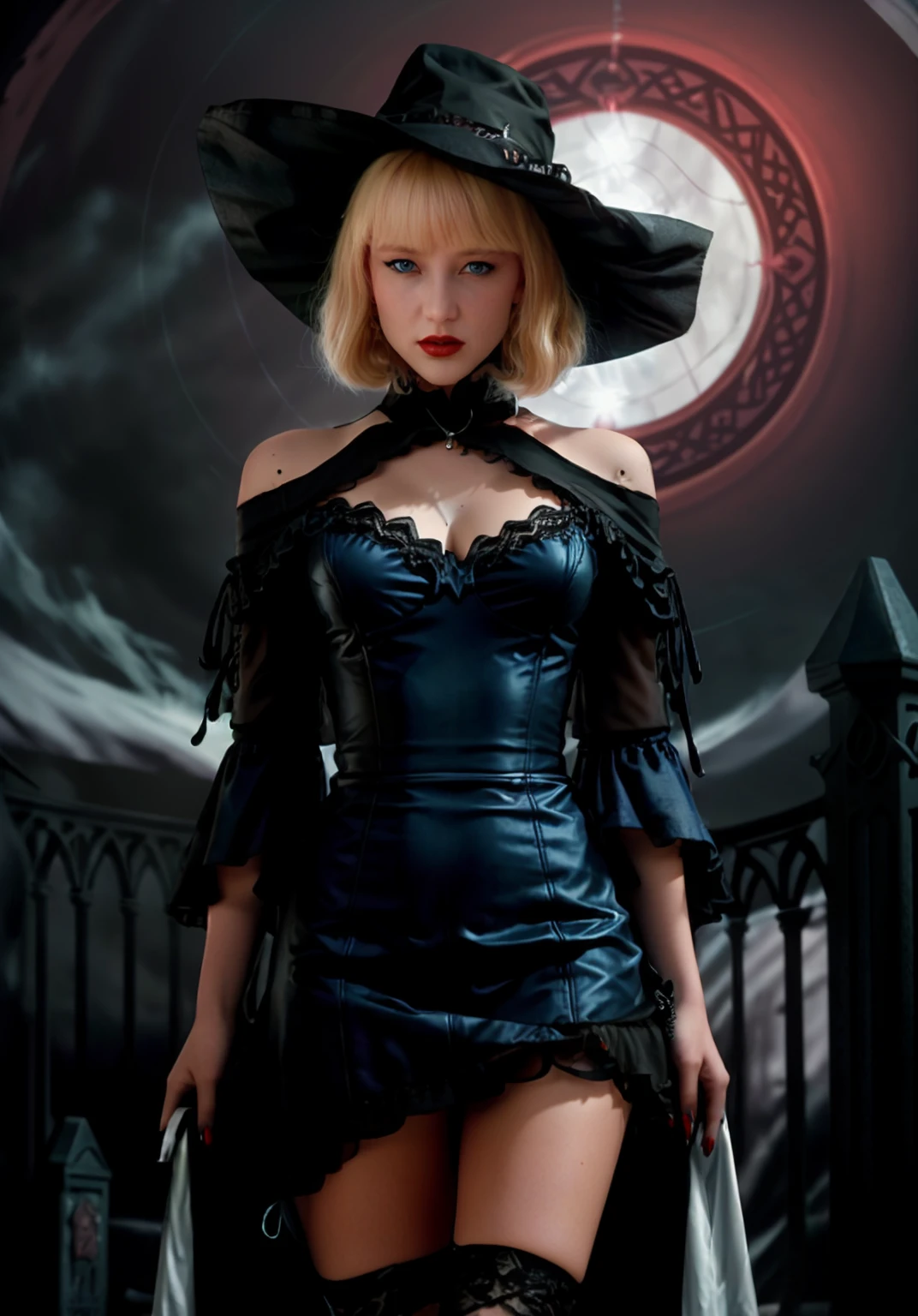 (extremely detailed CG unity 8k wallpaper) close up portrait of alicynster123 the most powerful witch woman in the world, ((action scene:1.3) ), (wide angle), aiming wand, beautiful witch woman casting a spell, (casting a spell), walking towards camera, (holding a wand), ((action pose:1.2) ), (magic duel), ((tanned skin:1.3) ), (blush:1.3) short hair, ((blonde hair) ), (ringlet hair:1.3), (blue eyes:1.4), ((detailed symmetrical face) ), (pretty face), Mascara, reflective eyes, makeup, (red lipstick), ((white sclera) ), (swirling black magic runes), (shadow magic), fog, (black witch hat), rim lighting, dramatic lighting, chiaroscuro, (flowing black robes:1.2), (long black witch dress), (black dress), (black choker), puffy sleeves, (high heel ankle boots:1.2), (thighs), (legs), (graveyard), gothic victorian town, crows, (night sky), (from below:1.3), professional majestic impressionism oil painting by Waterhouse, John Constable, Ed Blinkey, Atey Ghailan, (Studio Ghibli), by Jeremy Mann, Greg Manchess, Antonio Moro, trending on ArtStation, trending on CGSociety, Intricate, High Detail, dramatic, makoto shinkai kyoto, trending on artstation, trending on CGsociety, <lora:breastsizeslideroffset:-0.2>, <lora:alicynster123:1>,