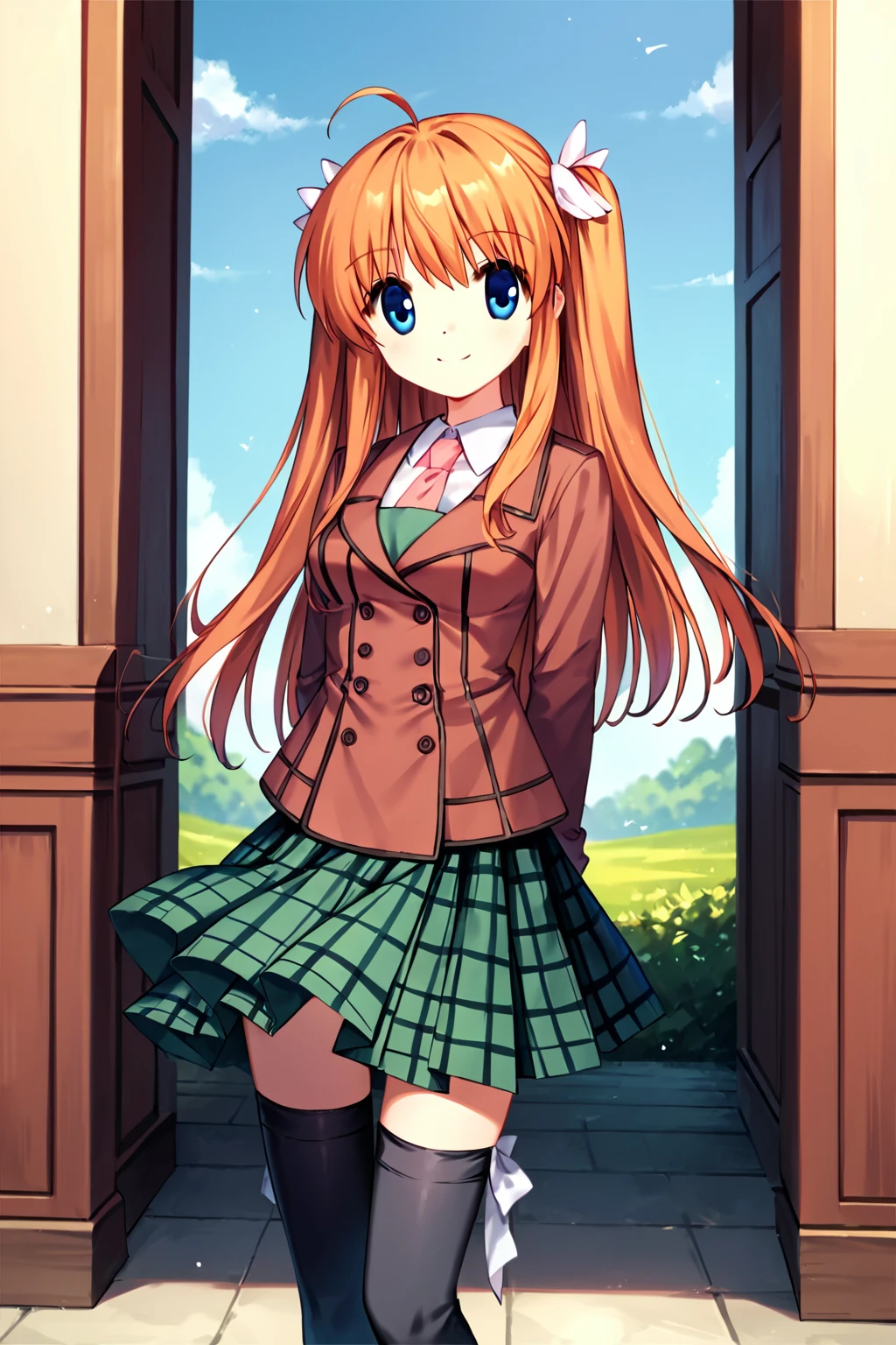 score_9, score_8_up, score_7_up, score_6_up, rating_safe, source_anime, 2.5d, best quality, masterpiece, detailed background, detailed eyes, outdoors, walking, sunny, hands behind back, cheerful smile, <lora:ohtori-chihaya-xl-04:1>, ohtori chihaya, two side up, ahoge, blue eyes, medium breasts, brown blazer, pleated green plaid skirt, black stockings,