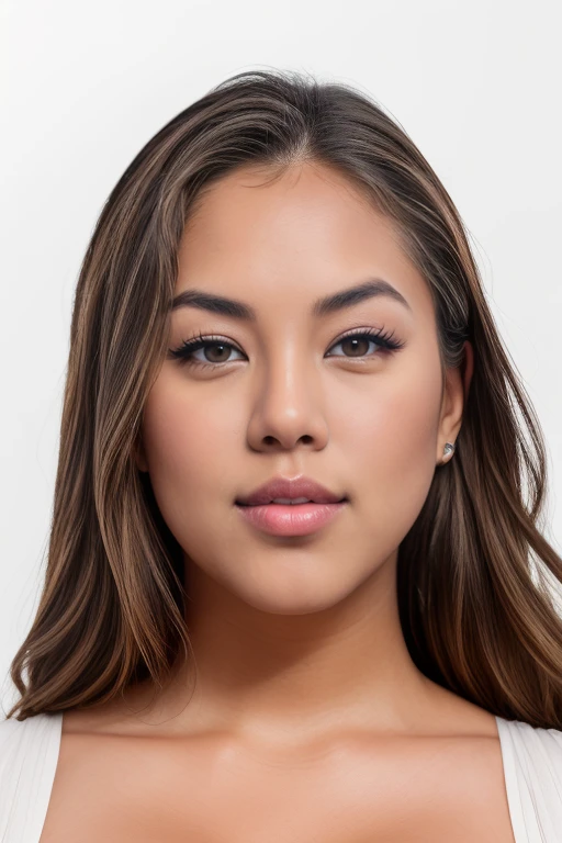 A young 19-year-old woman named Lila Nakamura with a mixed Asian and American heritage. She has thick dark black eyeliner, glossy lips, and a neutral to slight smile expression. She has straight, black hair with blonde highlights that falls just past her shoulders, styled in a neat and polished manner. Her eyes are almond-shaped with a light hazel color, accentuated by subtle eyeshadow and mascara. Her skin has a light to medium tone with a natural, fresh look, and she has a few delicate freckles across her nose. She is wearing a simple, professional outfit, consisting of a white blouse and dark jeans, and accessorized with small gold hoop earrings. The background is a neutral studio setting with soft lighting to highlight her features.