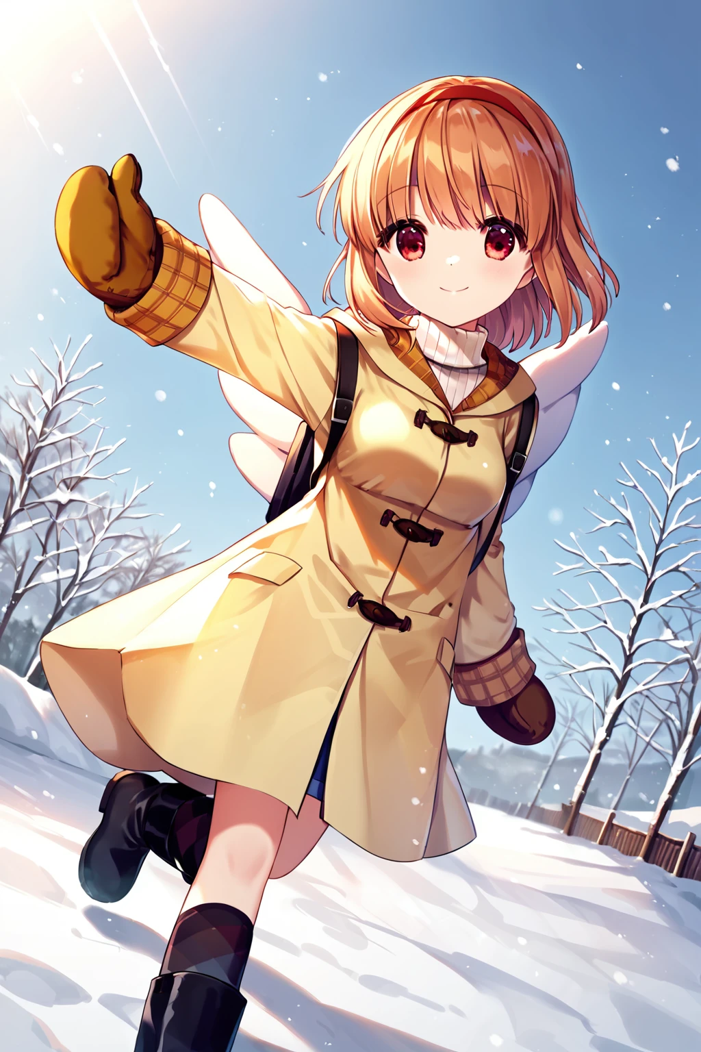 score_9, score_8_up, score_7_up, score_6_up, rating_safe, source_anime, best quality, masterpiece, detailed background, detailed eyes, (dutch angle), outdoors, snow, arms outstretched, walking, <lora:tsukimiya-ayu-xl-04:1>, tsukimiya ayu, medium breasts, red eyes, tan winter coat with white turtleneck, brown mittens, backpack with wings on it, black socks, black boots, smile, closed mouth,