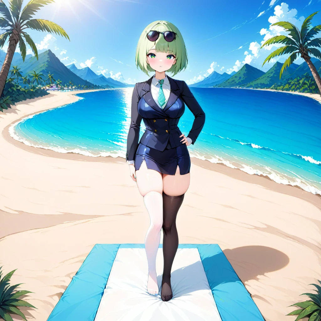 1girl, solo, suit and tie, black jacket, medium breasts, pencil skirt, white shirt, thighhighs, skindentation, no shoes, blue toenails, hand on hip, standing, beach, waves, islands, clouds, beach towel, light green hair, green eyes, bob cut, blunt bangs, sunglasses on head, mountainous horizon