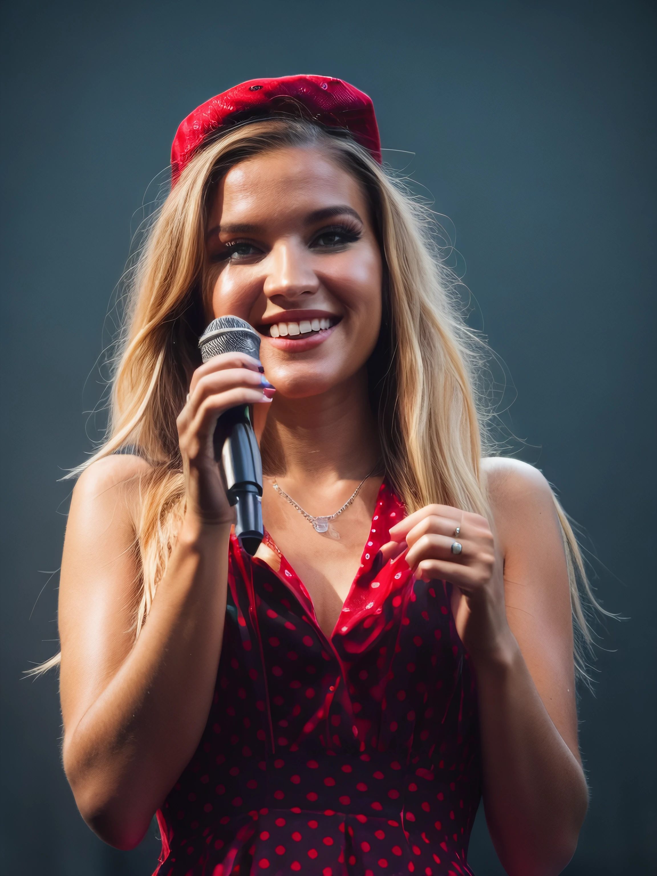 styrke, blonde hair, polkadot dress, polkadot hat, smile, long hair, holding microphone, on stage, necklace, winged eyeliner, makeup, portrait, volumetric lighting, highly detailed, masterpiece, 8k, <skinhairdetail>