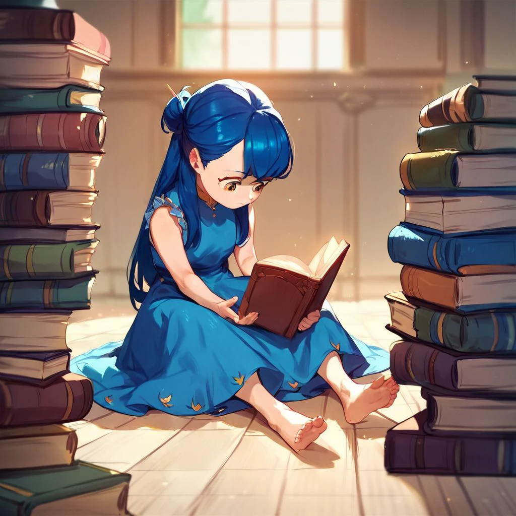 score_9, score_8_up, score_7_up, score_6_up, score_5_up, score_4_up, rating_safe, myne, blue hair, sitting on the floor, dress, barefoot, reading a book, surrounded by books