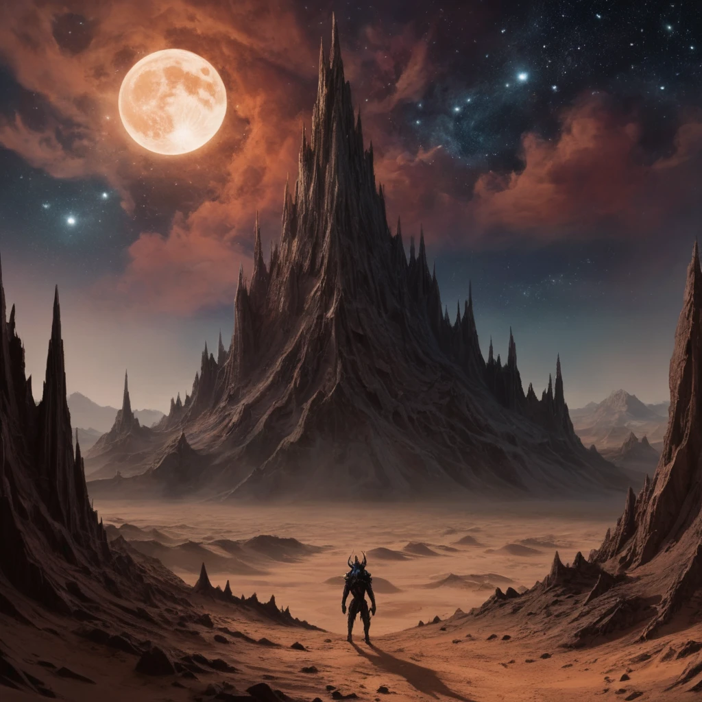 A surreal moonscape, where jagged peaks rise from a barren expanse of dust, and strange, otherworldly creatures prowl beneath a sky ablaze with stars."
masterpiece, absurdres, highres, insane quality