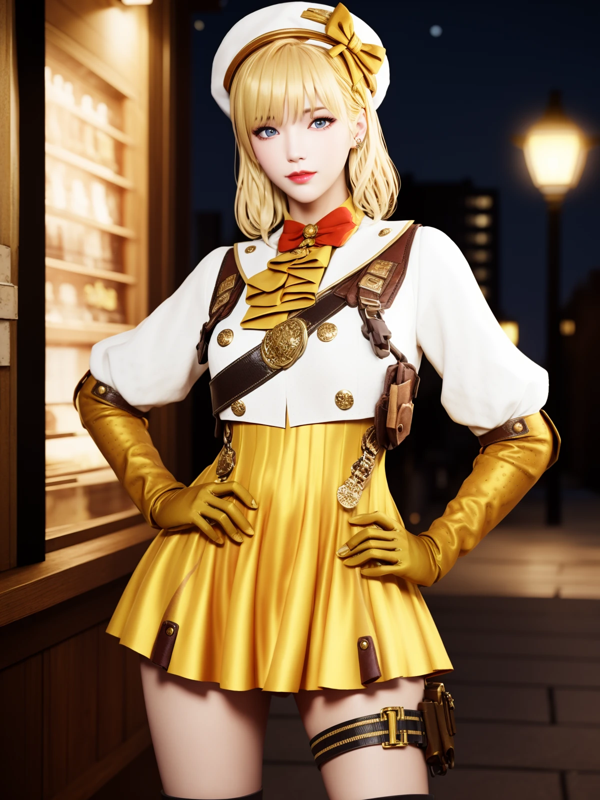 CFwangzheyunyouyouQF, 1girl, solo, blonde hair, dress, gloves, hat,holster,blue eyes, looking at viewer, beret, lips, lace-up boots, short hair,  <lora:CFwangzheyunyouyouQF:0.75>,cityscape, night, yellow skirt, white shirt.