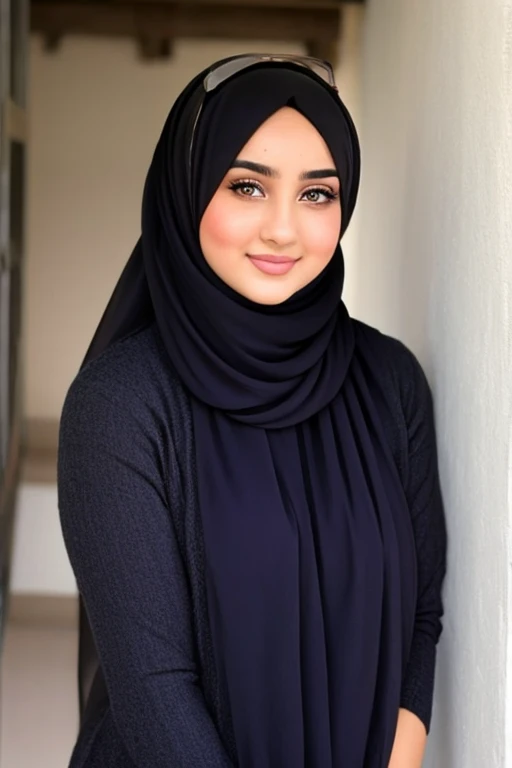 “Woman wearing a black hijab, smiling, with soft facial features, wearing a black abaya with front buttons, blurred background, natural daylight.”