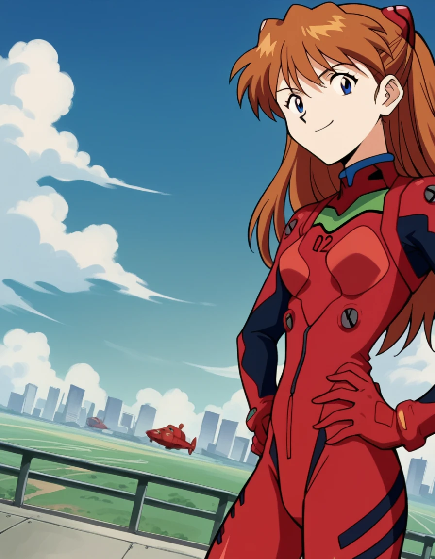 score_9, score_8_up, score_7_up, source_anime,
asuka langley soryu,  <lora:asuka-langley-soryuu-classic-ponyxl-lora-nochekaiser:1>,
asuka langley soryu, long hair, bangs, blue eyes, brown hair, hair ornament,
bodysuit, pilot suit, plugsuit, red bodysuit, interface headset,
outdoors, cityscape, hands on hips, smile,
cowboy shot, looking at viewer, solo, dutch angle,