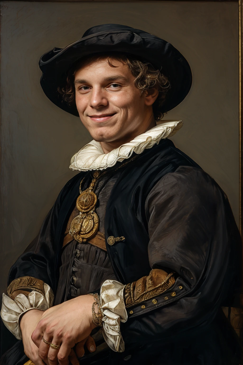 smiling portrait of ClarkEckhart in the style of Rembrandt,<lora:ClarkEckhart:0.8> <lora:tbh135-:0.8>