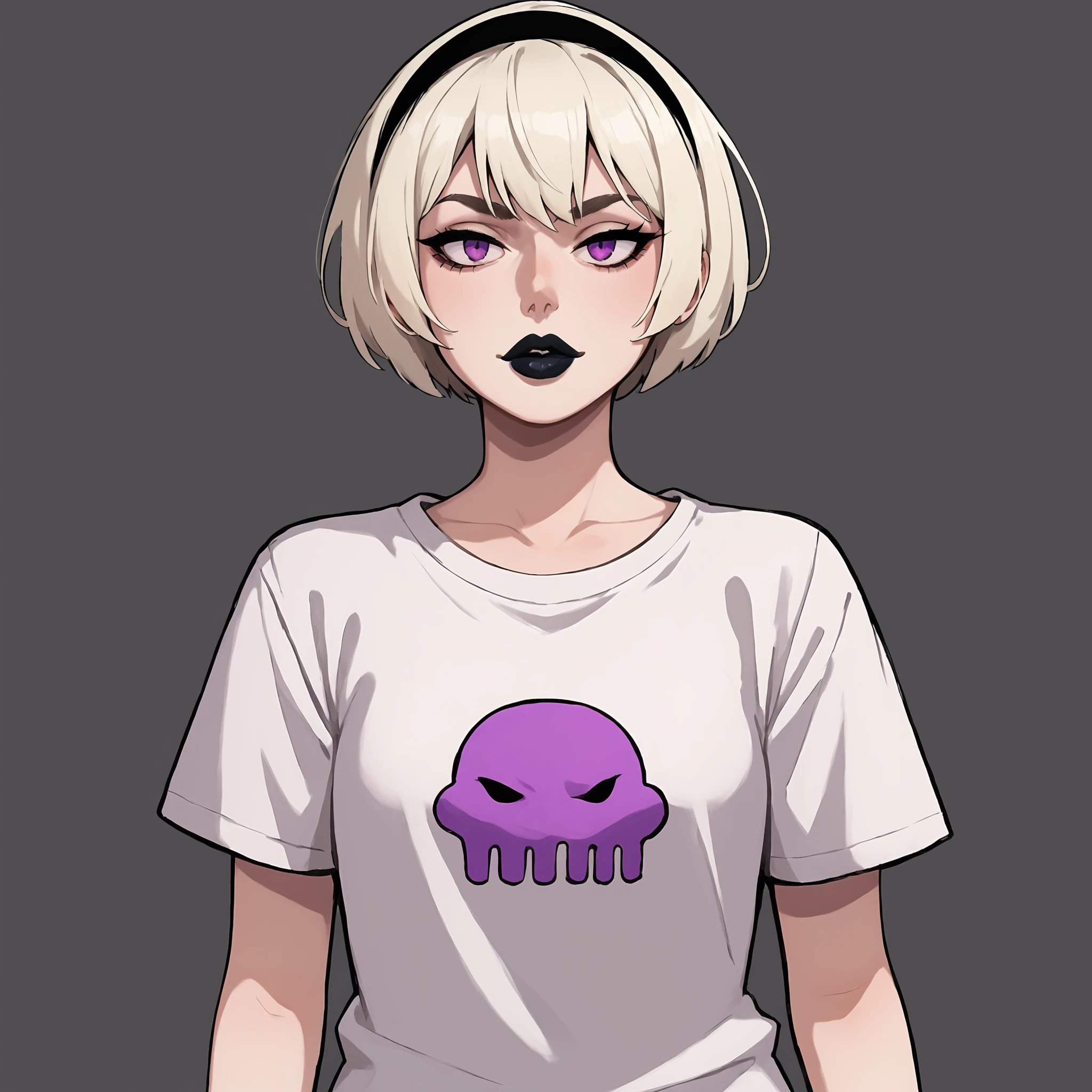 score_9, score_8_up, score_7_up, score_6_up, score_5_up, score_4_up, masterpiece, thick lines, 2d, flat colors, anime, 1girl, rolalstart <lora:Rose_Lalonde_Pony_test:0.8>,black lipstick, white hair, short hair, bob cut, purple eyes, blonde hair, hairband, white shirt, t-shirt BREAK source_anime