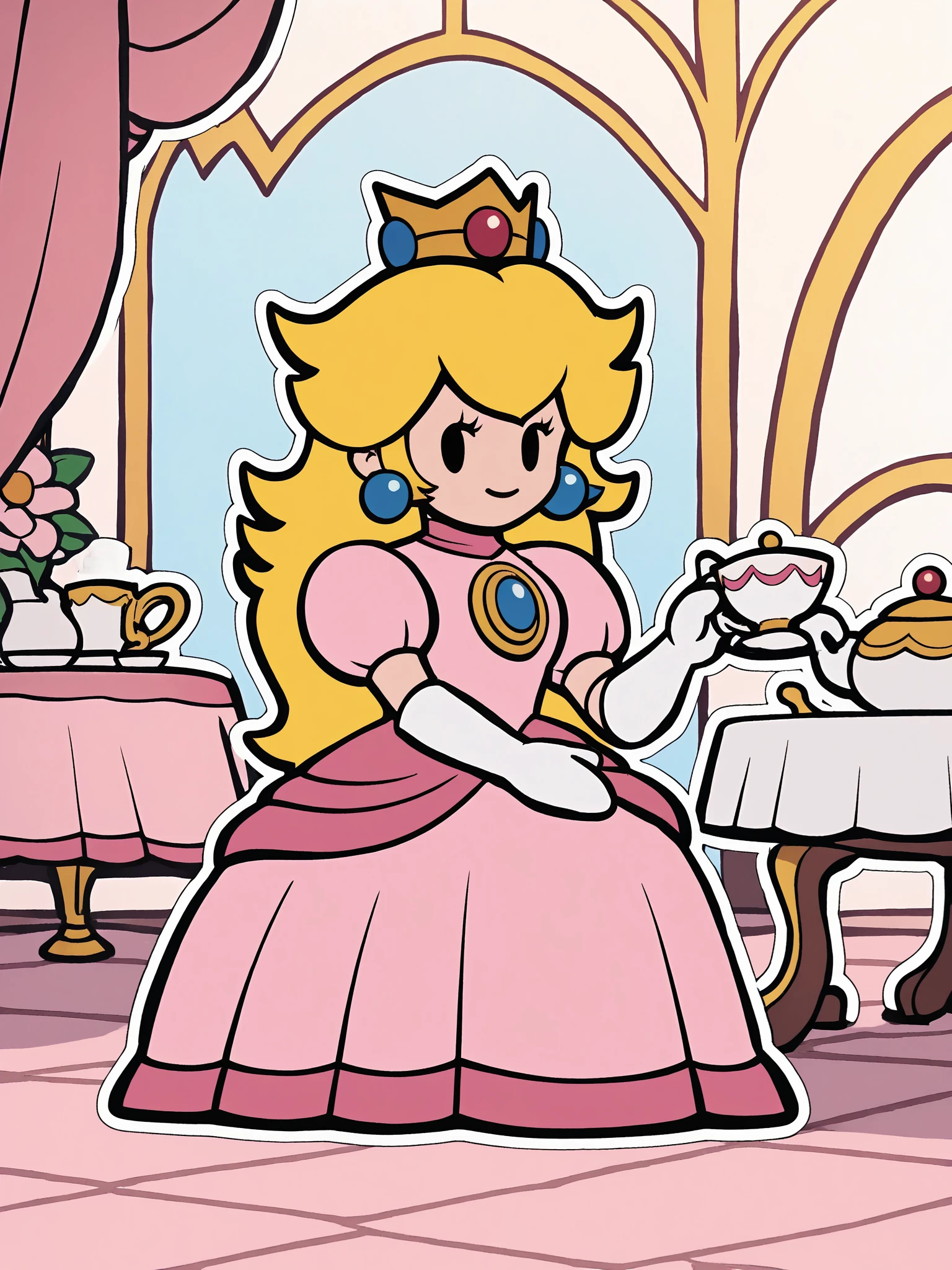 paperpeach, 1girl, blonde hair, dress, solo, crown, long hair, pink dress, jewelry, earrings, white gloves, full body, solid oval eyes, smile,sitting, teacup, tea party, indoors, looking at viewer,white outline, score_9, score_8_up, score_7_up, score_6_up, score_5_up, score_4_up <lora:PaperPeachPony1.0:1>