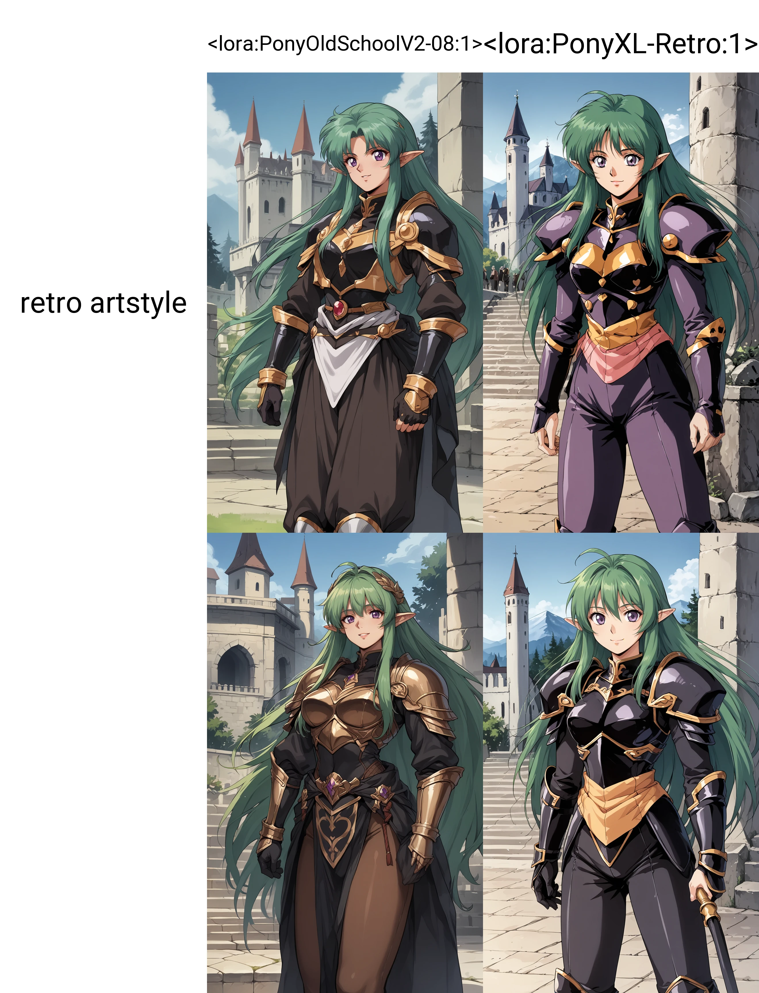 score_9, score_8_up, score_7_up, score_6_up, source_anime, BREAK, 1girl, green hair, long hair, purple eyes, pointy ears, smile, castle, armor, retro artstyle, <lora:PonyOldSchoolV2-08:1>