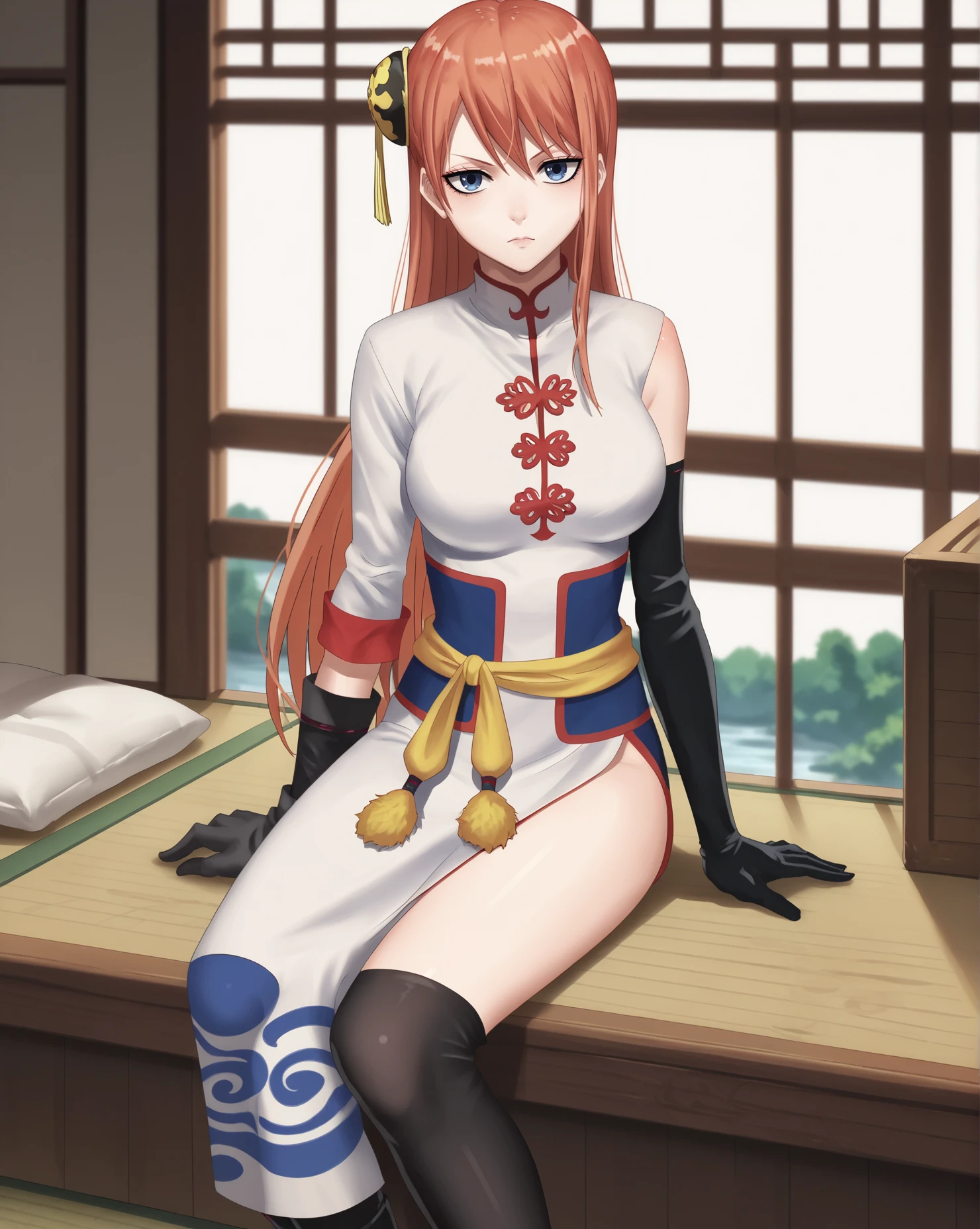 score_9, score_8_up, score_7_up, kaguramov, bun cover, white chinese clothes, asymmetrical clothes, black gloves,uneven gloves, black thighhighs, looking at viewer, sitting
<lora:Kagura-GintamaTheMovie_PXL:0.7>