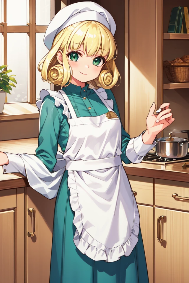 1 girl, indoors, standing, smile,
 <lora:Azure_Dreams_-_Cheryl:0.5> azurecheryl, blonde hair, green eyes, curly hair,
white shawl, green dress, long sleeves, long skirt, hat, apron,