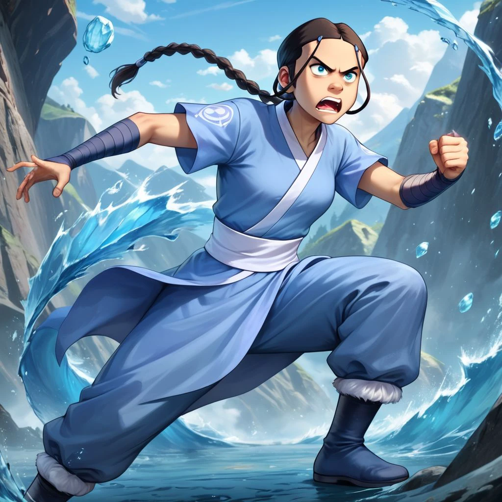 score_9, score_8_up, score_7_up, score_6_up, score_5_up, score_4_up, rating_safe, Katara, fighting stance, on an iceberg, streams of water, single braid