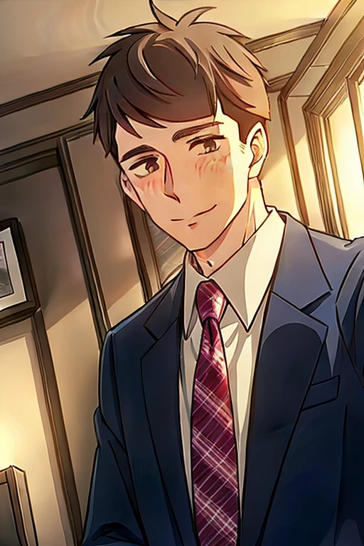 (((best quality,masterpiece,Ultra Details))),refined rendering,Anime style,1boy,male focus,solo,shirt,kentaro,necktie,suit jacket,formal,short hair,portrait,upper body,black eyes,long face,blush,smile,holding a smartphone,portrait,upper body,indoors,in the office,<lora:Kentaro V3-000011:0.7>,<lora:add_detail:0.75>,((looking away,selfie,from the right,Multi-point lighting)),