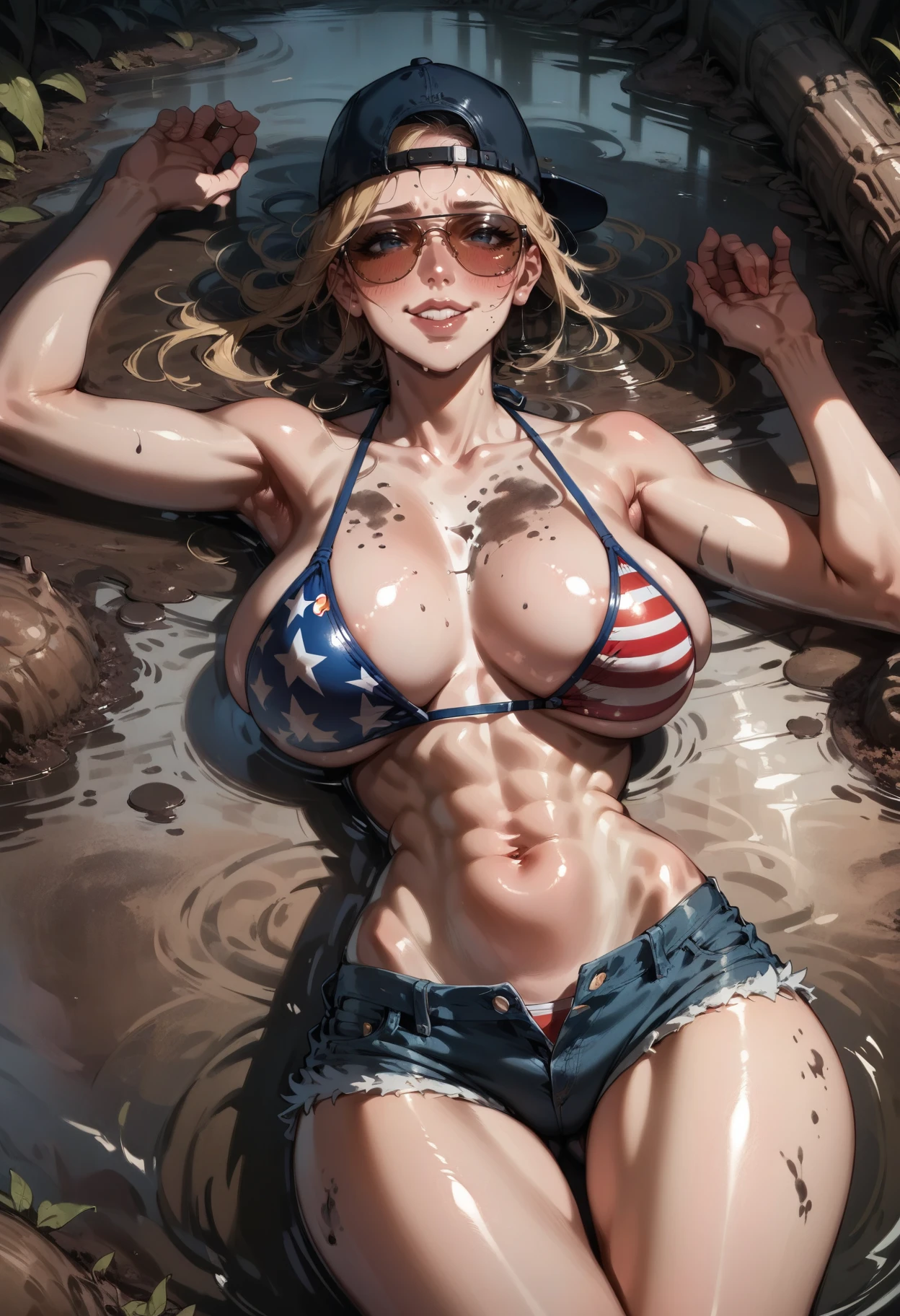 score_9, score_8_up, score_7_up,    mudg1rl, 1girl, baseball cap, backwards hat, sunglasses, american flag bikini, denim shorts, blonde,  laying on mud, from above, delicate and smooth skin, blush, drunk, smile, perfect body, thighs, large breasts, highly detailed, glossy lips, looking at viewer, swamp background,    <lora:Concept Art Twilight Style SDXL_LoRA_Pony Diffusion V6 XL:0.8> concept art,  <lora:Expressive_H:0.8> expressiveh,    <lora:sinfully_stylish_SDKL:1>  <lora:mudg1rl:0.6>