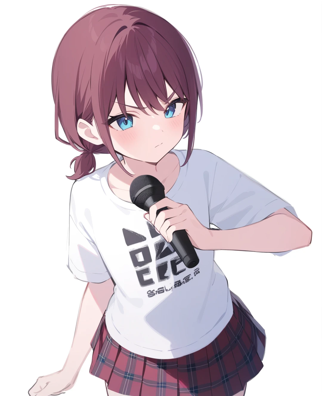 full body,1 girl, (cute:1.3),short red Hair, left eye blue, right eye yellow, tan skin, freckles, oversized black shirt, Black fishnet stockings, shorts, Shoes, off shoulder, medium breasts, thigh strap, fishnet stockings, chibi emote, chibi character, chibi, holding microphone, singing into microphone, singing, karaoke, embarrassed expression 