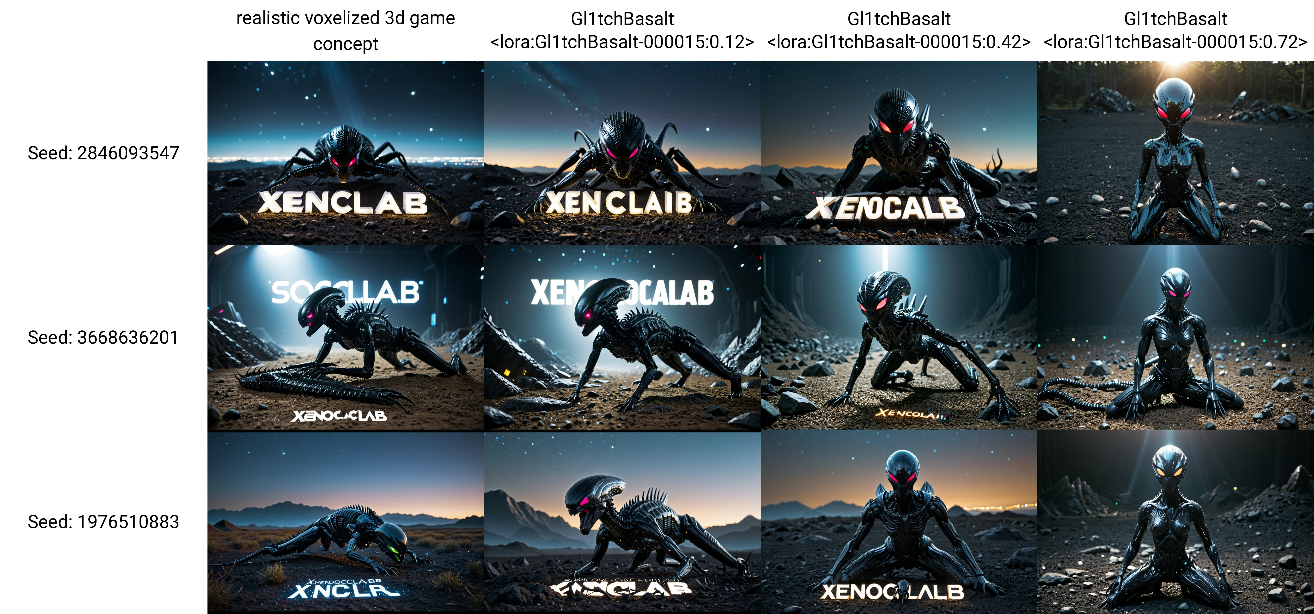 realistic voxelized 3d game concept, (text "XENOCLAB":1.4) on the ground in background, (one eerie low-poly voxelized xenomorph:0.625), black intricate alien skin with pores, looking at viewer, bright lights, softbox lighting, full body
BREAK (intricate detail, 8k digital photography,film grain:1.2), a glittering science fiction skyline at dusk, shiny glistening
BREAK shallow dof, swirly bokeh, led lights in smooth background with bokeh, moody cinematic <lora:JuggerCineXL2:1>