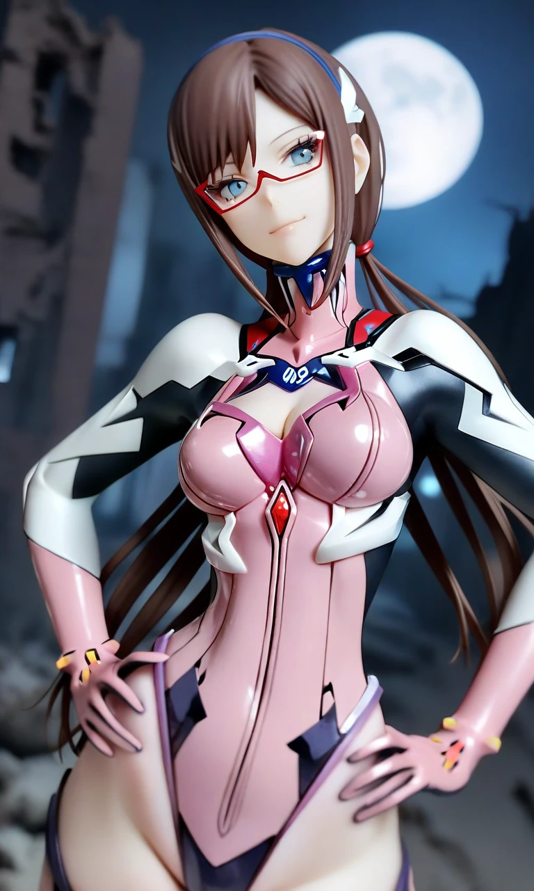 1girl, marishin, blue eyes, brown hair, medium breasts, cleavage, linea alba, hip bones, wide hips, 
(plugsuit:1.1), 
looking at viewer, light smile, upper body, straight-on, 
outdoors, ruins, night, moon, 
masterpiece, best quality, very aesthetic, absurdres, 
<lora:MariShinFlare_XL:1>