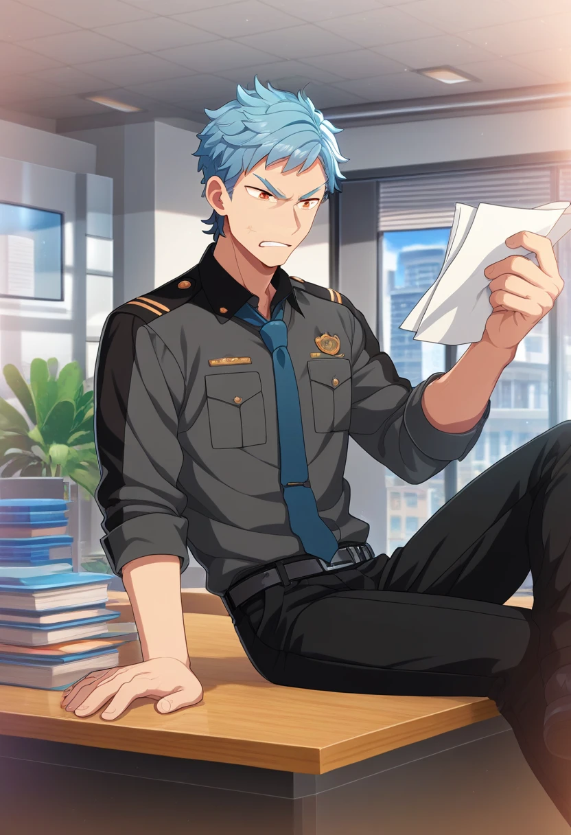 1boy, male focus,
<lora:Character_-_Helios_Rising_Heroes_-_Asch_Albright:1> asch, blue hair, orange eyes,
((zPDXL)), score_9_up, score_8_up, score_7_up, score_6_up, score_5_up, score_4_up, best quality, amazing quality, best aesthetic, absurdres, year2023, nsfw, game cg, official art, official style, anime screencap,
indoor, office, desk, sitting on desk, black pants, police uniform, blue necktie, holding paper, angry, belt,