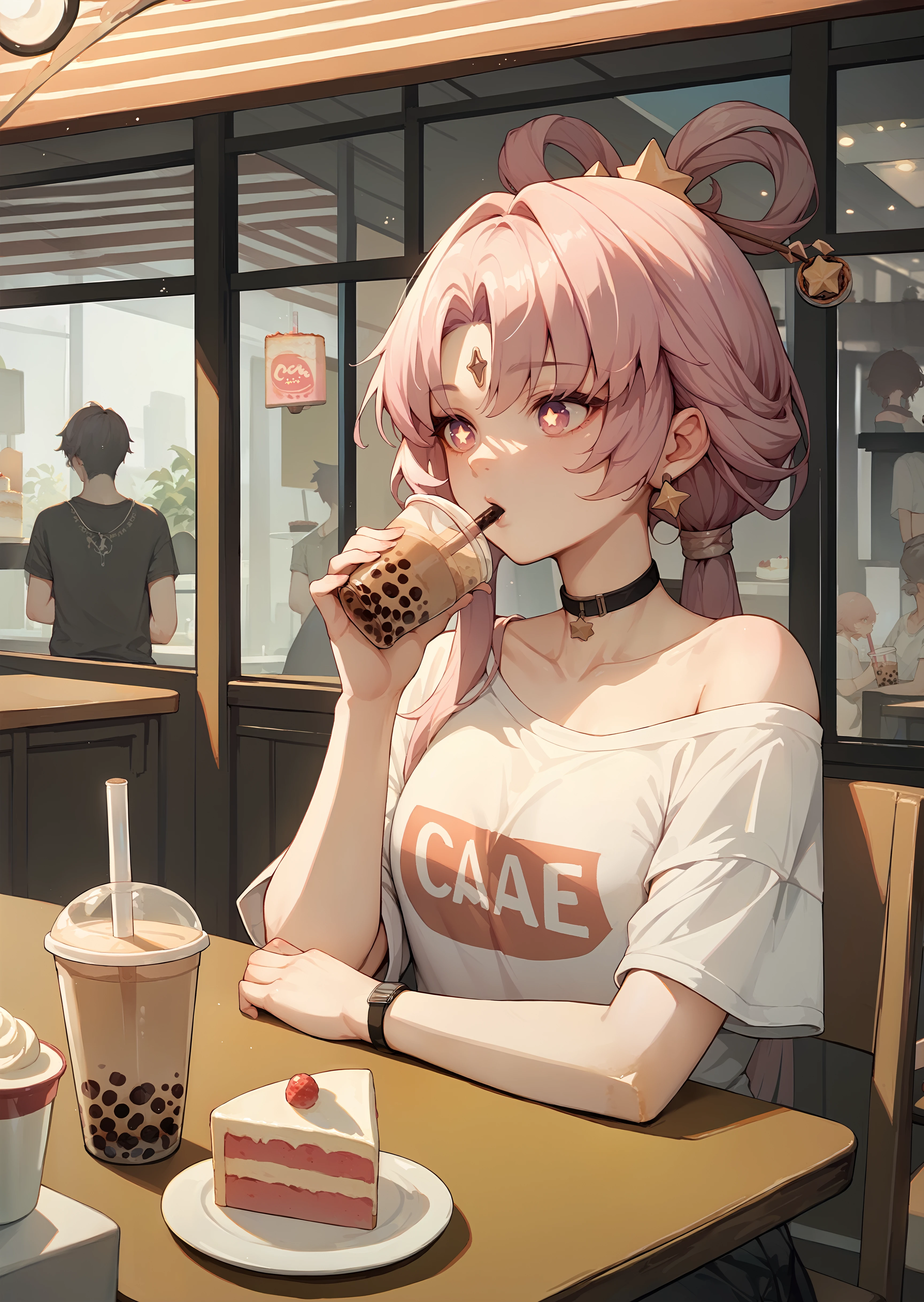 (score_9, score_8_up, score_7_up), 1girl, fuxuan, off shoulder t-shirt, sitting behind a table, cake on table, holding bubble tea, drinking, star-shaped pupils, in a cafe, <lora:fuxuan-strPO-v1b:0.8>