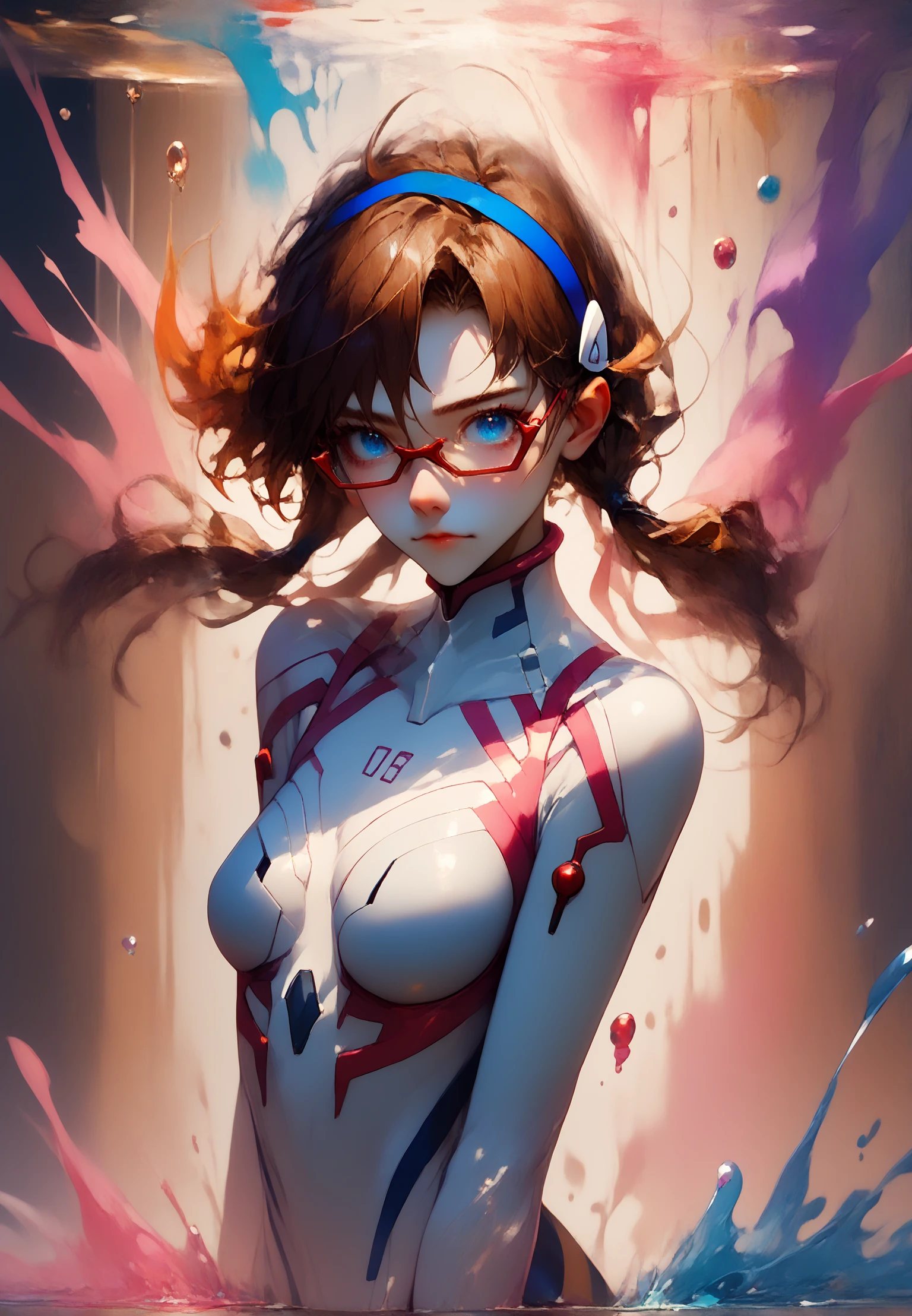 score_9, score_8_up, score_7_up, <lora:Degen_Mari_White_v1:.9> s curve composition, performance
mari-white, white plugsuit, numbered, hairband, semi-rimless eyewear, low twintails, brown hair, <lora:abstractDreamwave_v10:0.7> <lora:falling_pony:.89> best_falling Merge contrasting and vibrant colors in a collision of chaotic energy, with intersecting brushstrokes, splashes, and swirls that create a visually captivating clash of hues, blue eyes, full body,