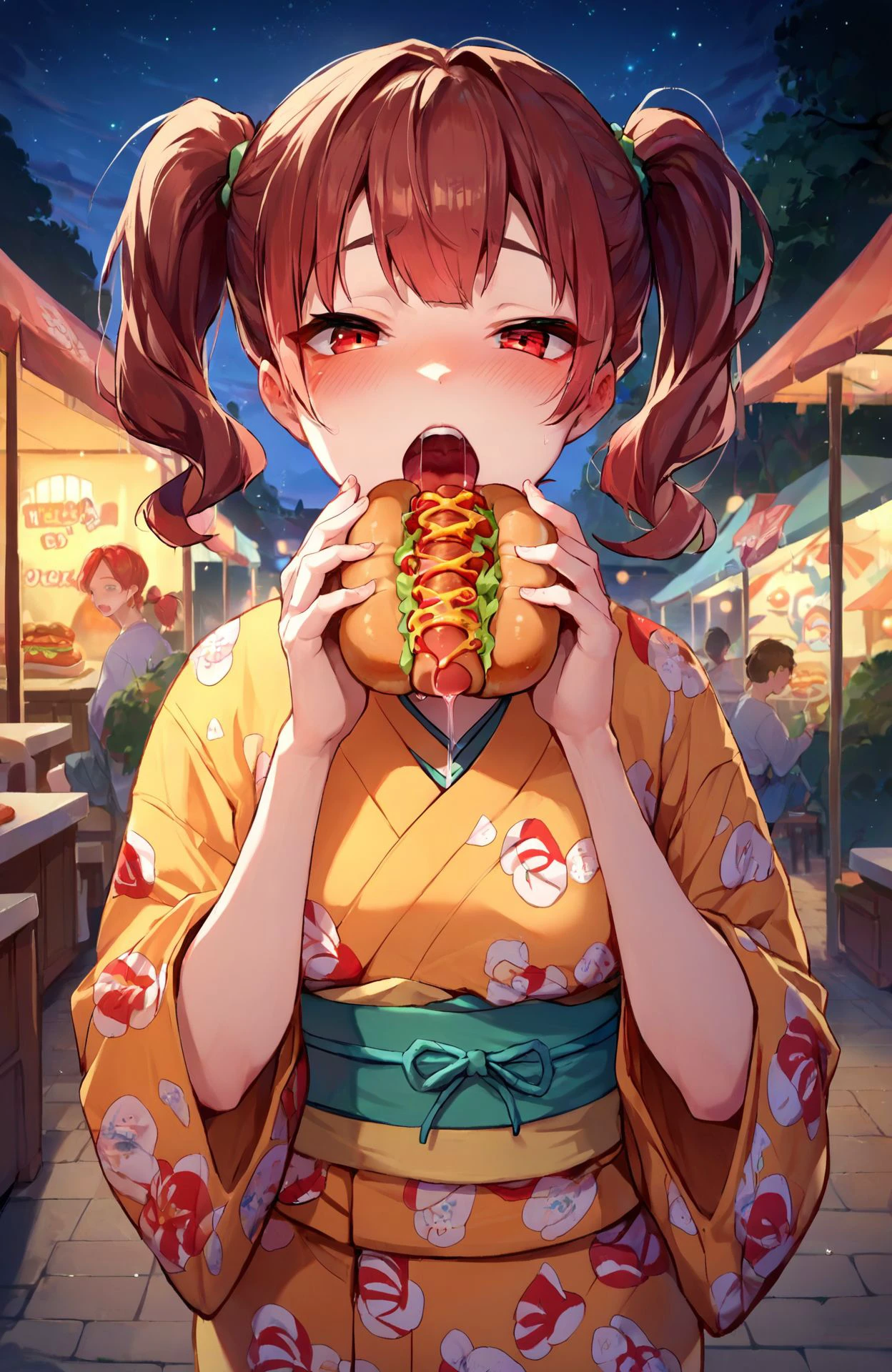 <lora:phood_PNY:0.8> 1girl, hot dog, holding food, open mouth, saliva, blush, outdoors, night, festival, print kimono, brown hair, twintails, red hair, looking at viewer, small breasts, red eyes, score_9, score_8_up, score_7_up, score_6_up, score_5_up, score_4_up, ponypositive,
