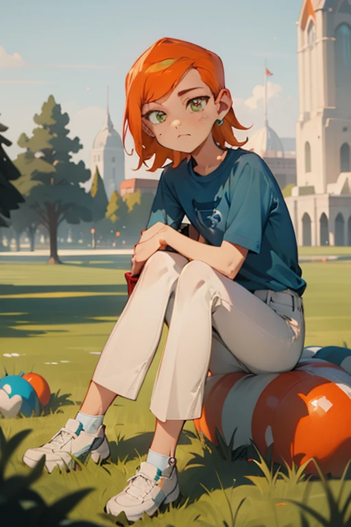 <lora:osgwen-01:1>, 1girl, gwen, orange hair, blue shirt, white pants, , outdoors, sitting on grass, full body, masterpiece, best quality