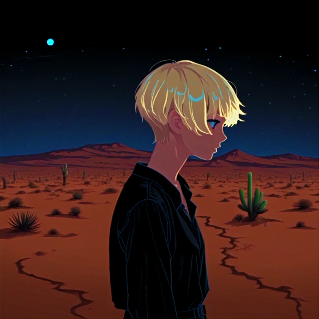 dark, black border, glowing, short hair, night, blonde hair, desert