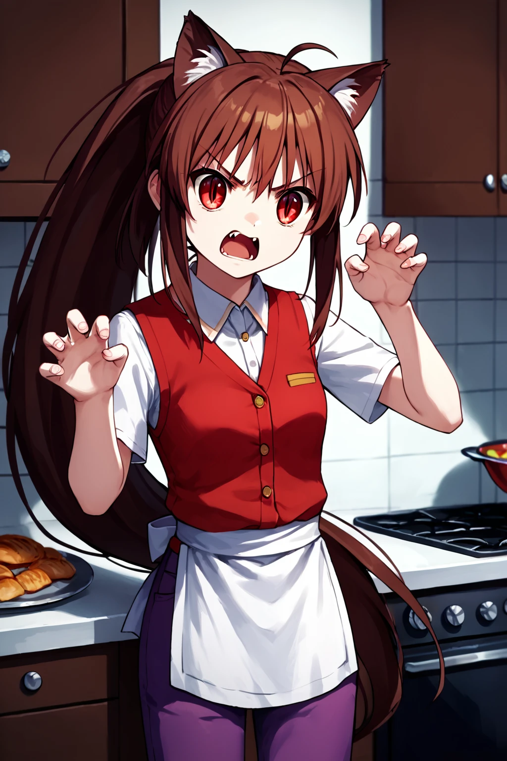 score_9, score_8_up, score_7_up, score_6_up, rating_safe, source_anime, best quality, masterpiece, detailed background, detailed eyes, cowboy shot, untucked shirt, kitchen, red vest, purple pants, apron, claw_pose, cat ears, open mouth, fangs, slit pupils, angry, yelling, <lora:natsume-rin-xl-05:1>, natsume rin, long ponytail, small breasts, ahoge, red eyes,
