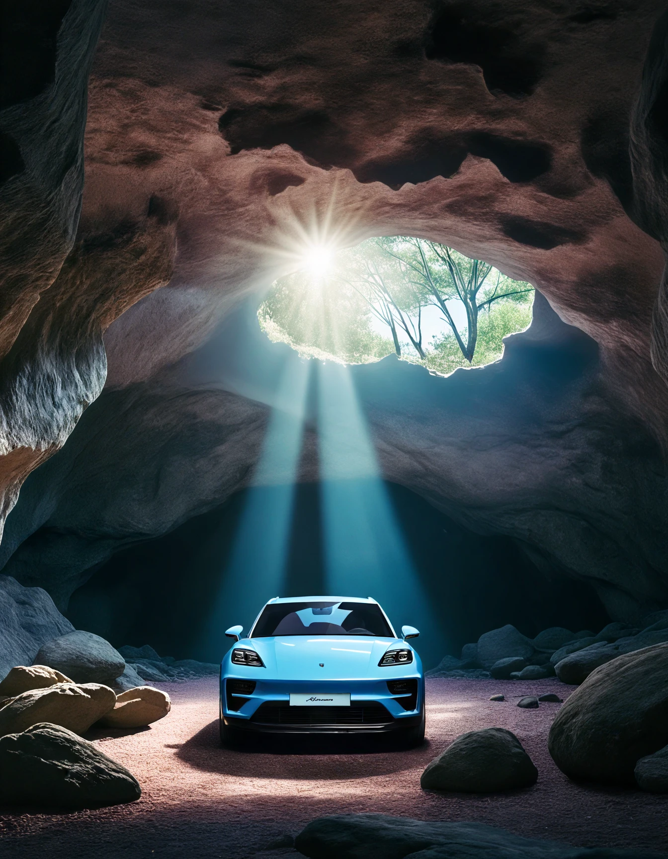 Macan, a light blue Porsche parked on a 

 , This is a digitally altered image depicting an enchanted cave scene with a single tree at the center, illuminated by sunlight streaming through a hole in the ceiling. 