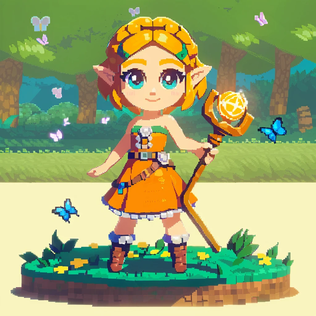 girl like totkzelda,in zonai dress, score_9, score_8_up, score_7_up, short hair,flat chest, <lora:pony_totkz-000040:0.75>voxel graphics 3d pixel art, ambient light, chibi style, cute big eyes anime style, volumetric lighting, unreal engine, lego block style, high resolution, detailed background, cute elf with flowers in hair holding glowing staff standing on dirt path surrounded by trees and purple mossy rocks with butterflies flying around him, full body shot, glowing lights around him