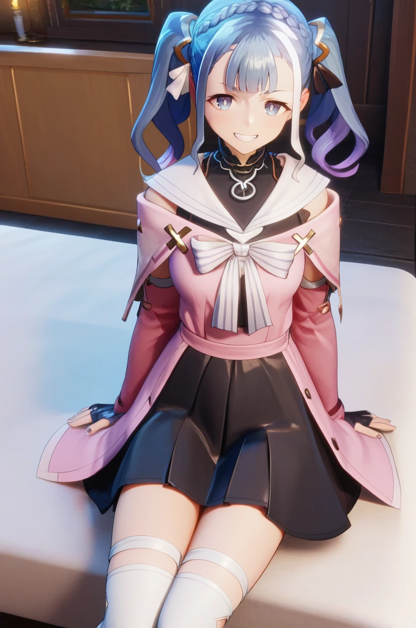 1girl, <lora:patricia_abelheim_PONY_v1:1>, (patricia_abelheim), solo, (medium breasts:0.9), (sagging breasts:0.1), blue hair, multicolored hair, cute,  twintails, dress, ribbon, bow, black skirt, sailor collar, white thighhighs, pink jacket, (sitting:1.1), (pov:1.1), (grin:1.1),
best quality, masterpiece, (score_9), (score_8_up), (score_7_up), source_anime, anime screencap, anime,