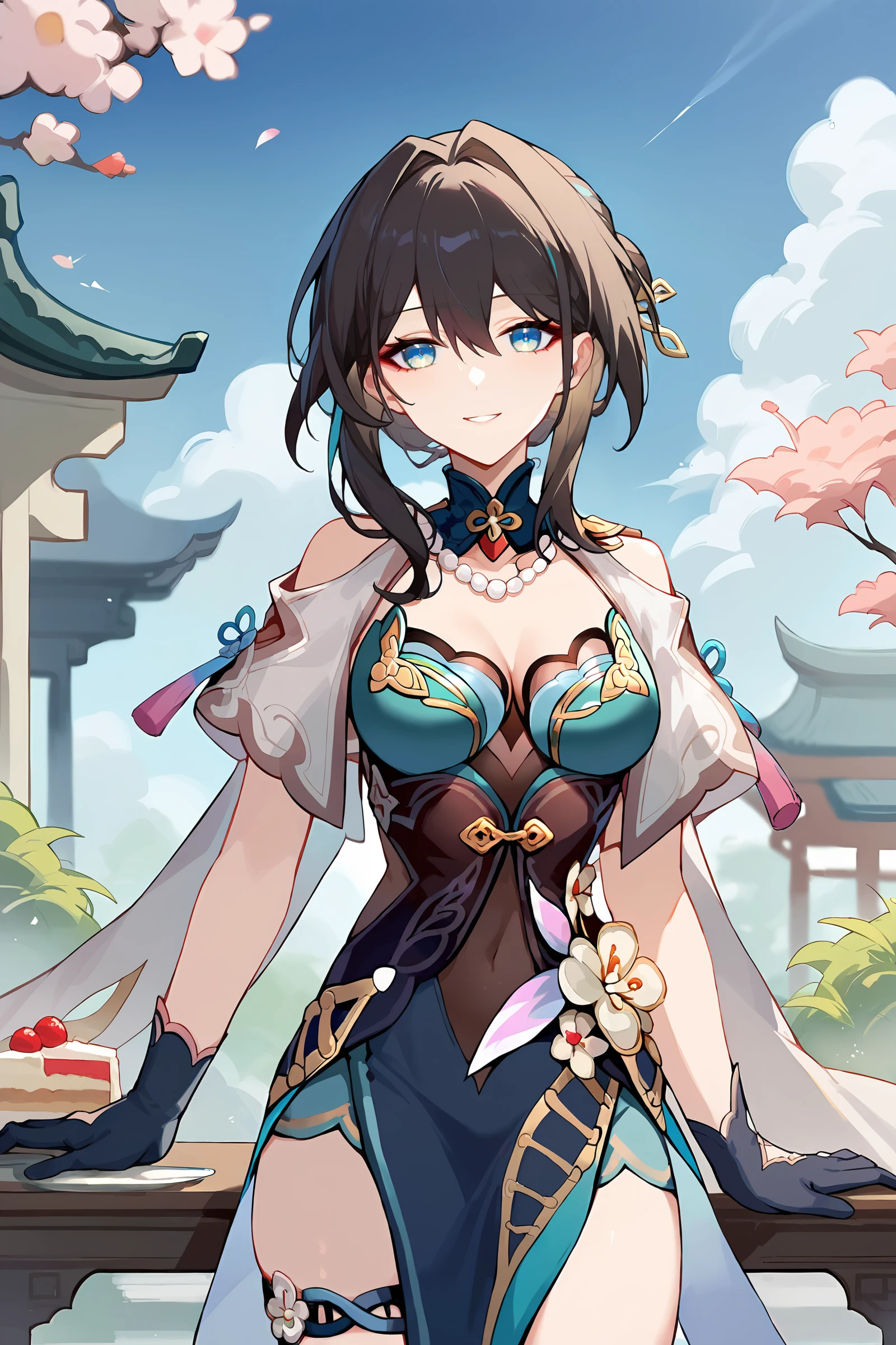 1girl, ruan mei \(honkai: star rail\), solo, china dress, green gloves, hair ornament, detached collar, necklace, capelet, thigh strap, cowboy shot, standing, looking at viewer, smiling, garden, east asian architecture, outdoors, depth of field, table, cake <lora:Expressive_H:0.9>, <lora:Char-HonkaiSR-Ruanmei-Pony-V1:0.9>, score_9, score_8_up, score_7_up