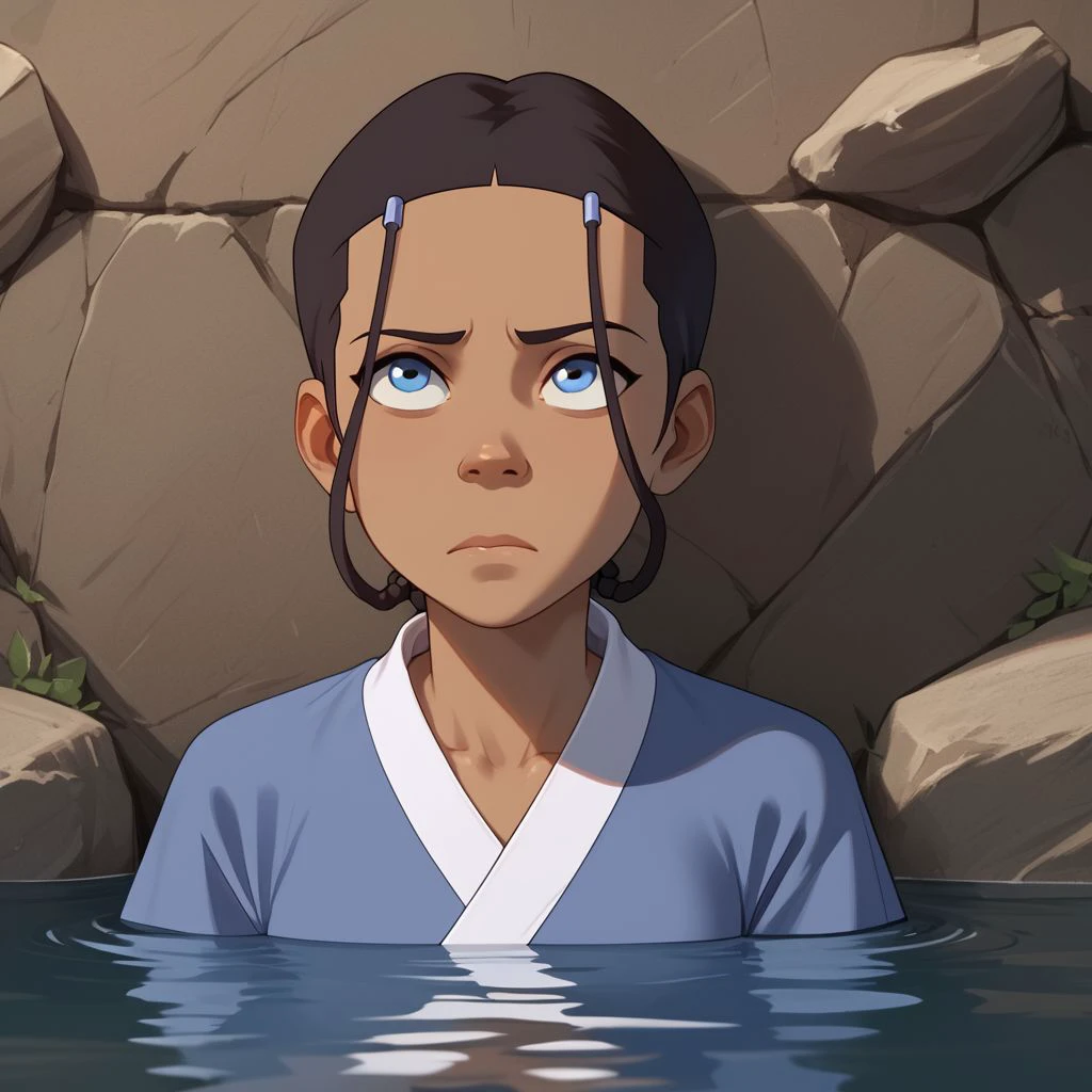 score_9, score_8_up, score_7_up, score_6_up, score_5_up, score_4_up, rating_questionable, Katara, in shallow water, white wrappings top, looking up, against a rock wall