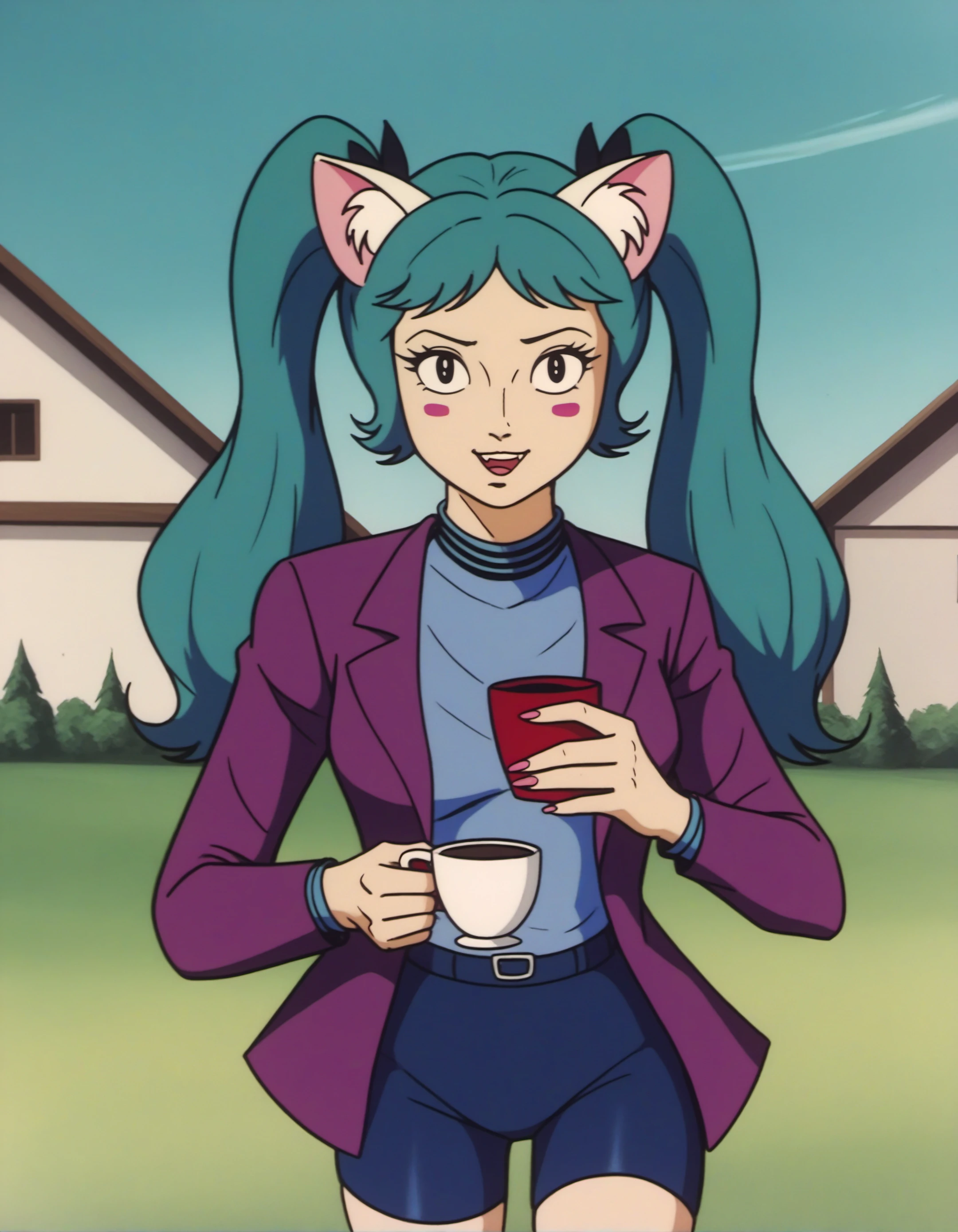 (DZVZRG:0.8), (score_9, score_8_up, score_7_up, score_6_up, source_anime:0.7), solo, 1girl, catgirl, blush stickers, twintails, aqua hair, blazer, bike shorts, holding cup, family, outdoors, enchanted elysium, magical gardens, eternal bliss, realm of enchantment and harmony, white animal ear fluff